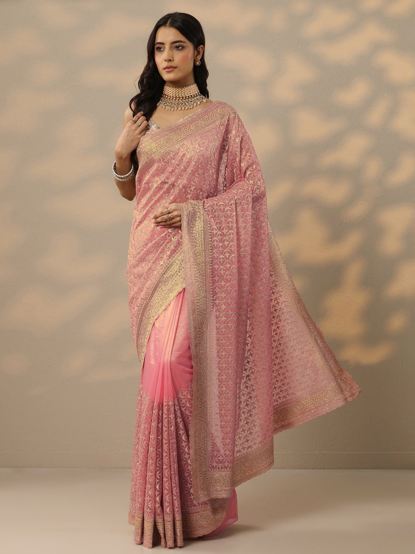 Peach Embroidered Banarasi Nylon Saree With Unstitched Blouse Piece