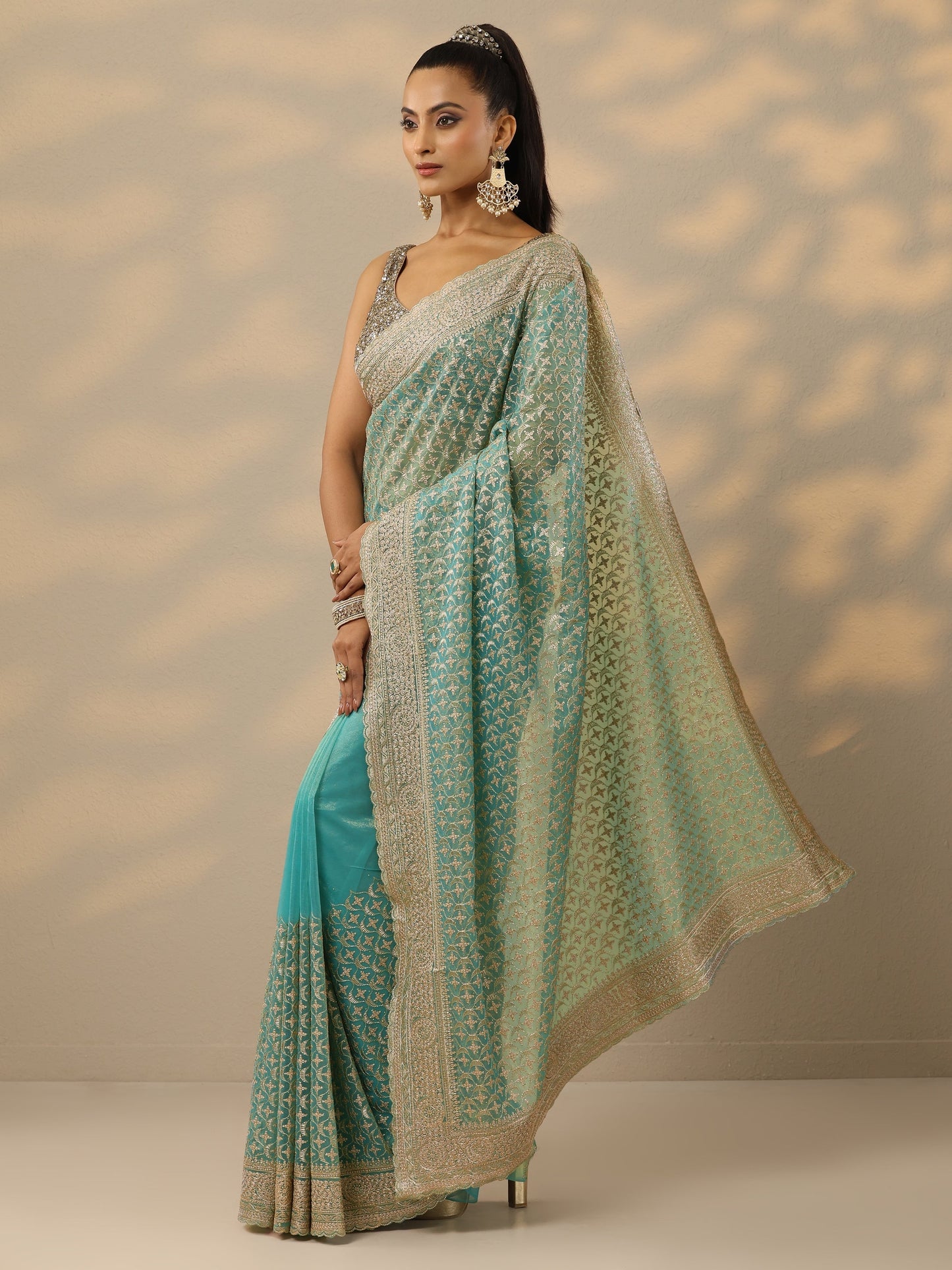 Turquoise Blue Embroidered Banarasi Nylon Saree With Unstitched Blouse Piece