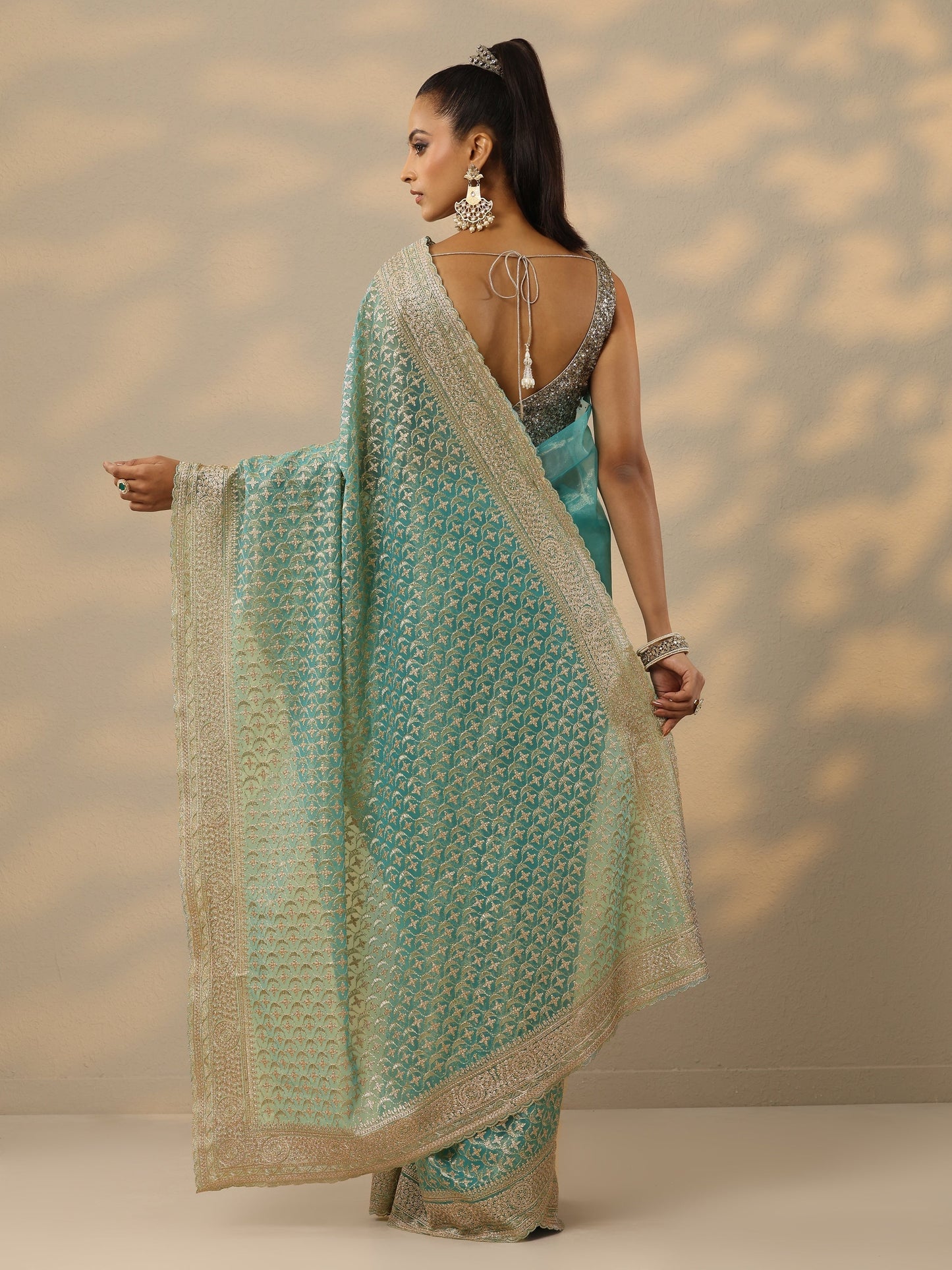 Turquoise Blue Embroidered Banarasi Nylon Saree With Unstitched Blouse Piece