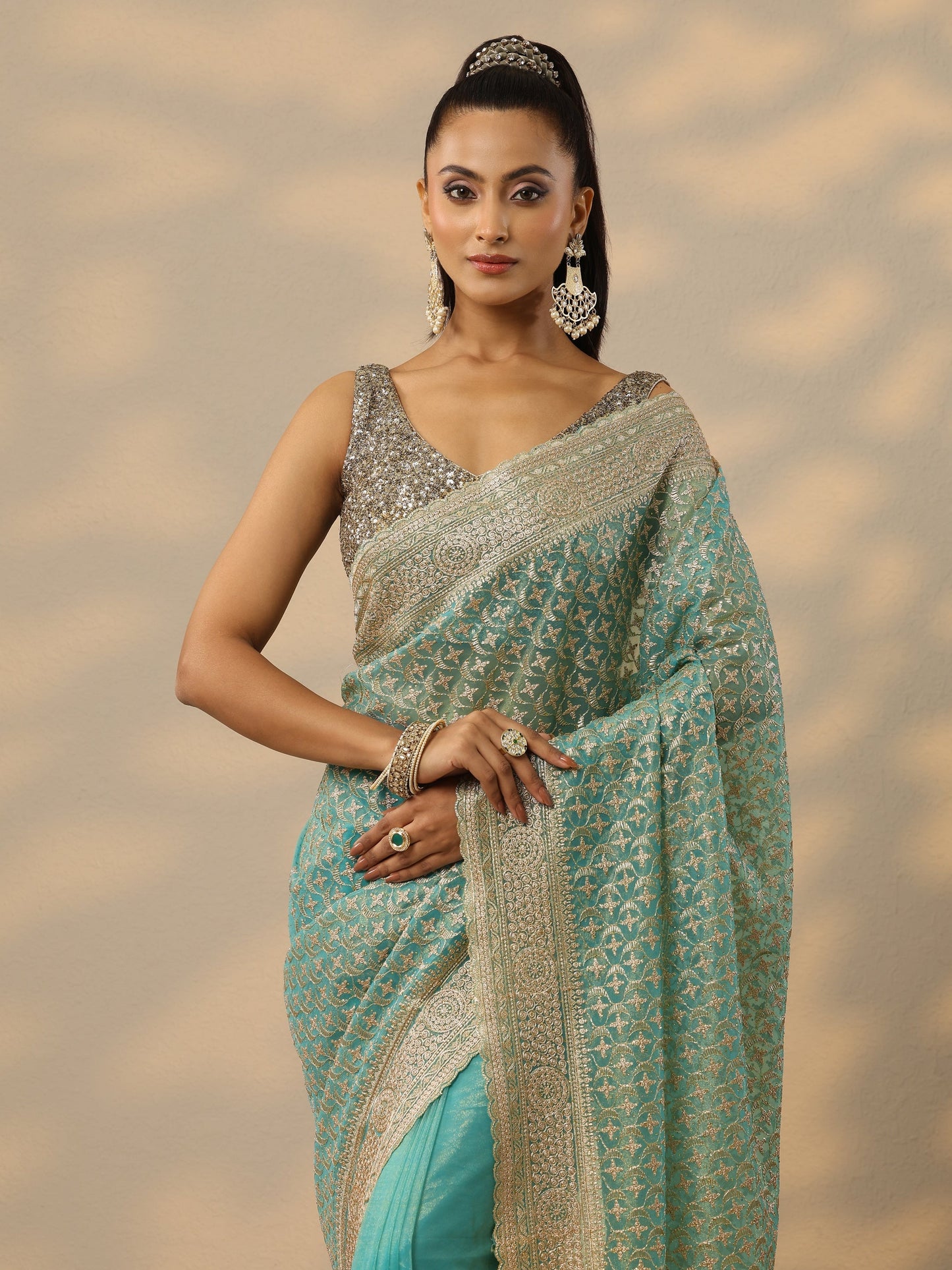 Turquoise Blue Embroidered Banarasi Nylon Saree With Unstitched Blouse Piece