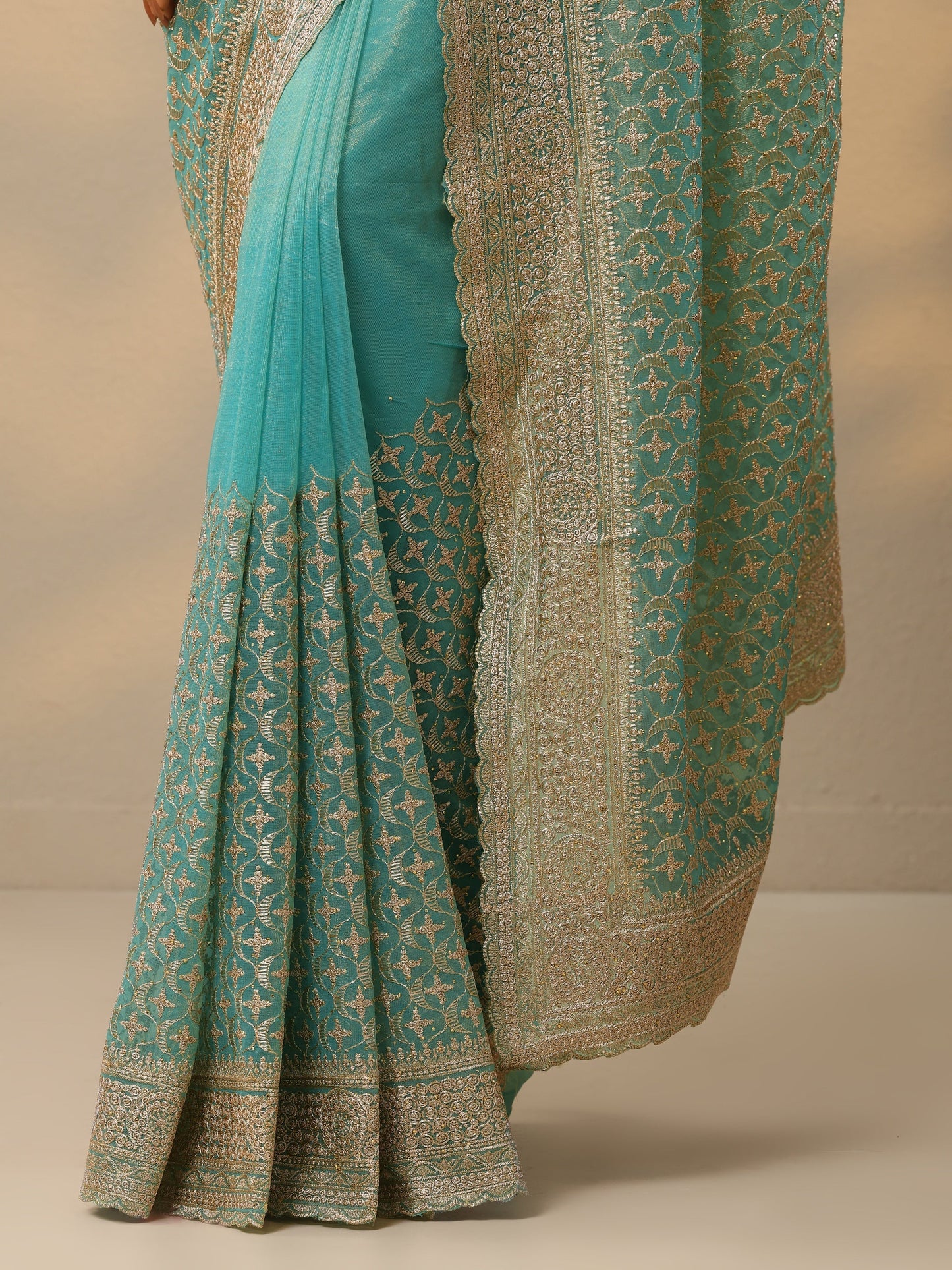 Turquoise Blue Embroidered Banarasi Nylon Saree With Unstitched Blouse Piece