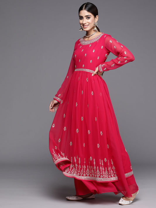 Hot Pink Embroidered Georgette A-Line Kurta With Palazzos & Dupatta