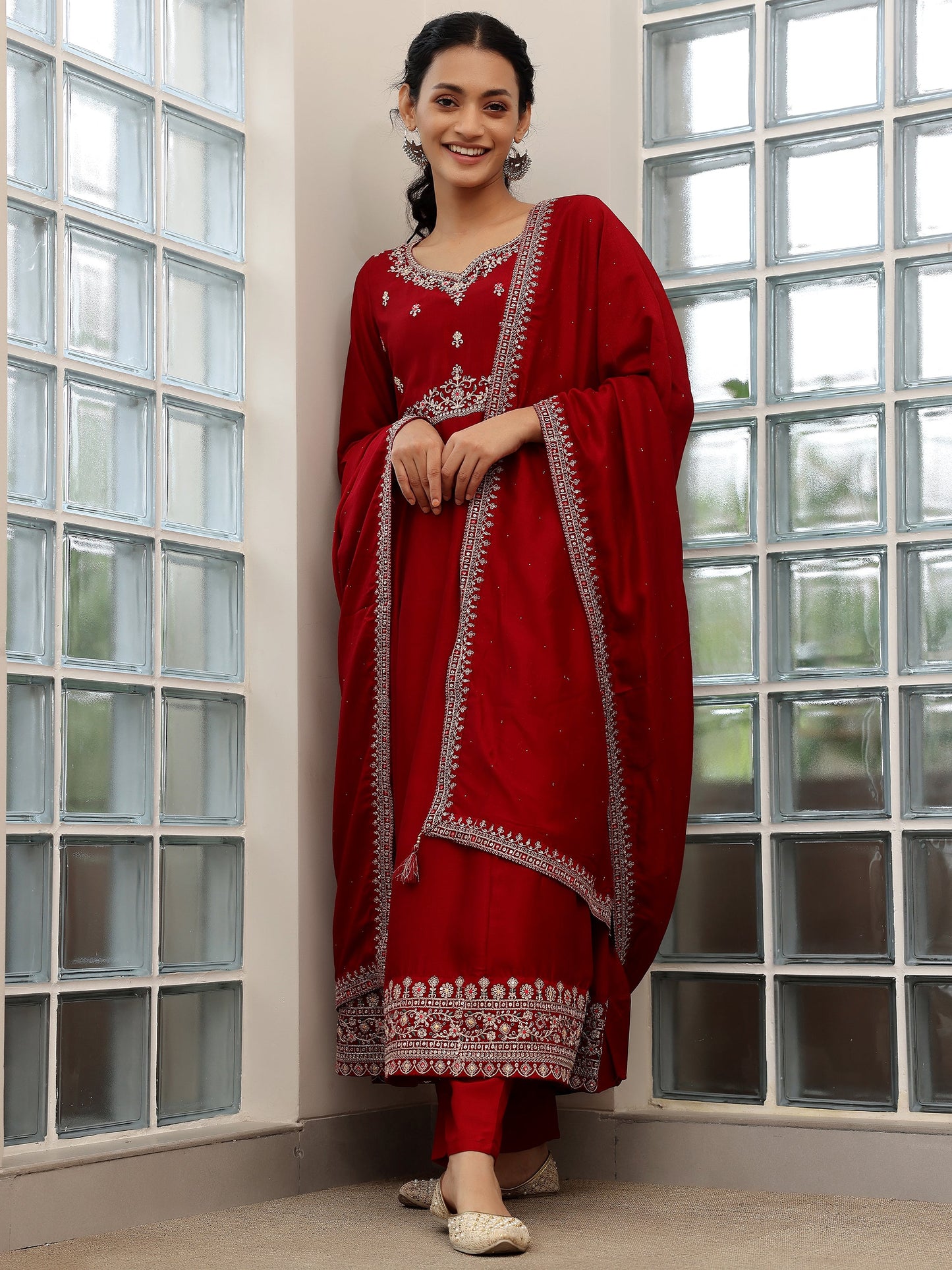 Maroon Embroidered Silk Blend Anarkali Suit Set With Dupatta