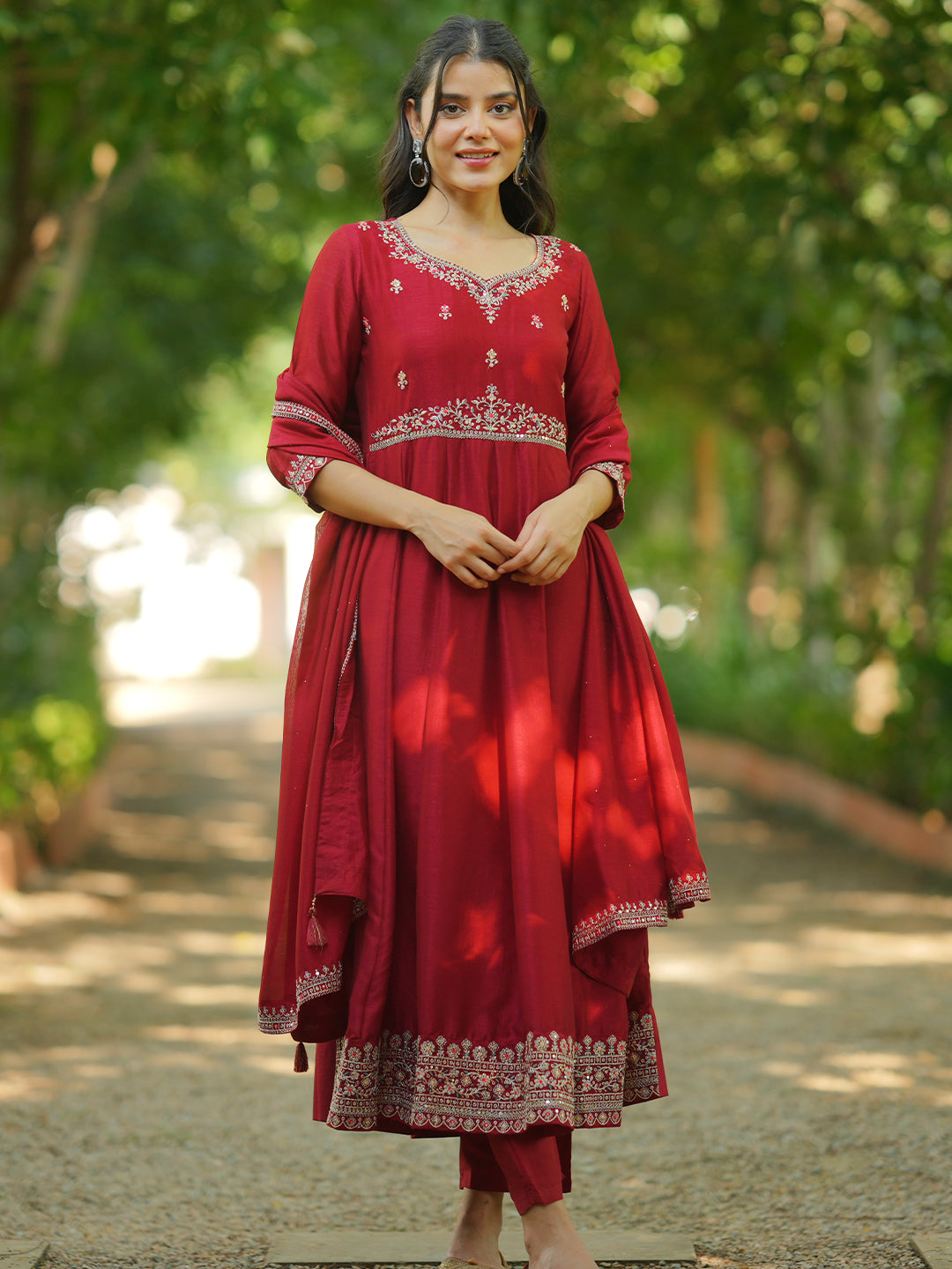 Maroon Embroidered Silk Blend Anarkali Suit Set With Dupatta