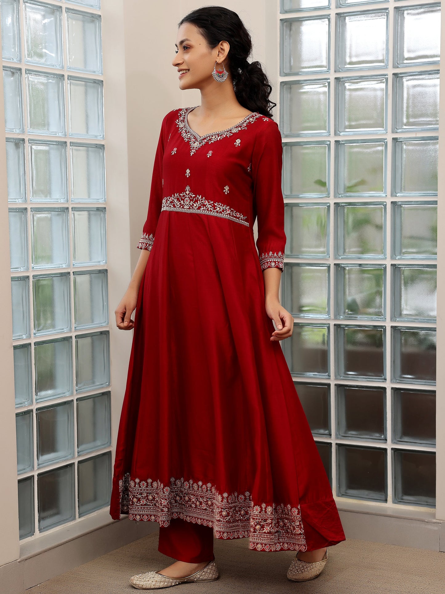 Maroon Embroidered Silk Blend Anarkali Suit Set With Dupatta