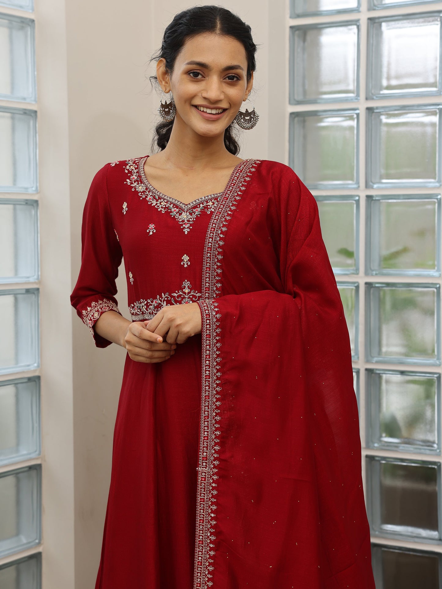 Maroon Embroidered Silk Blend Anarkali Suit Set With Dupatta