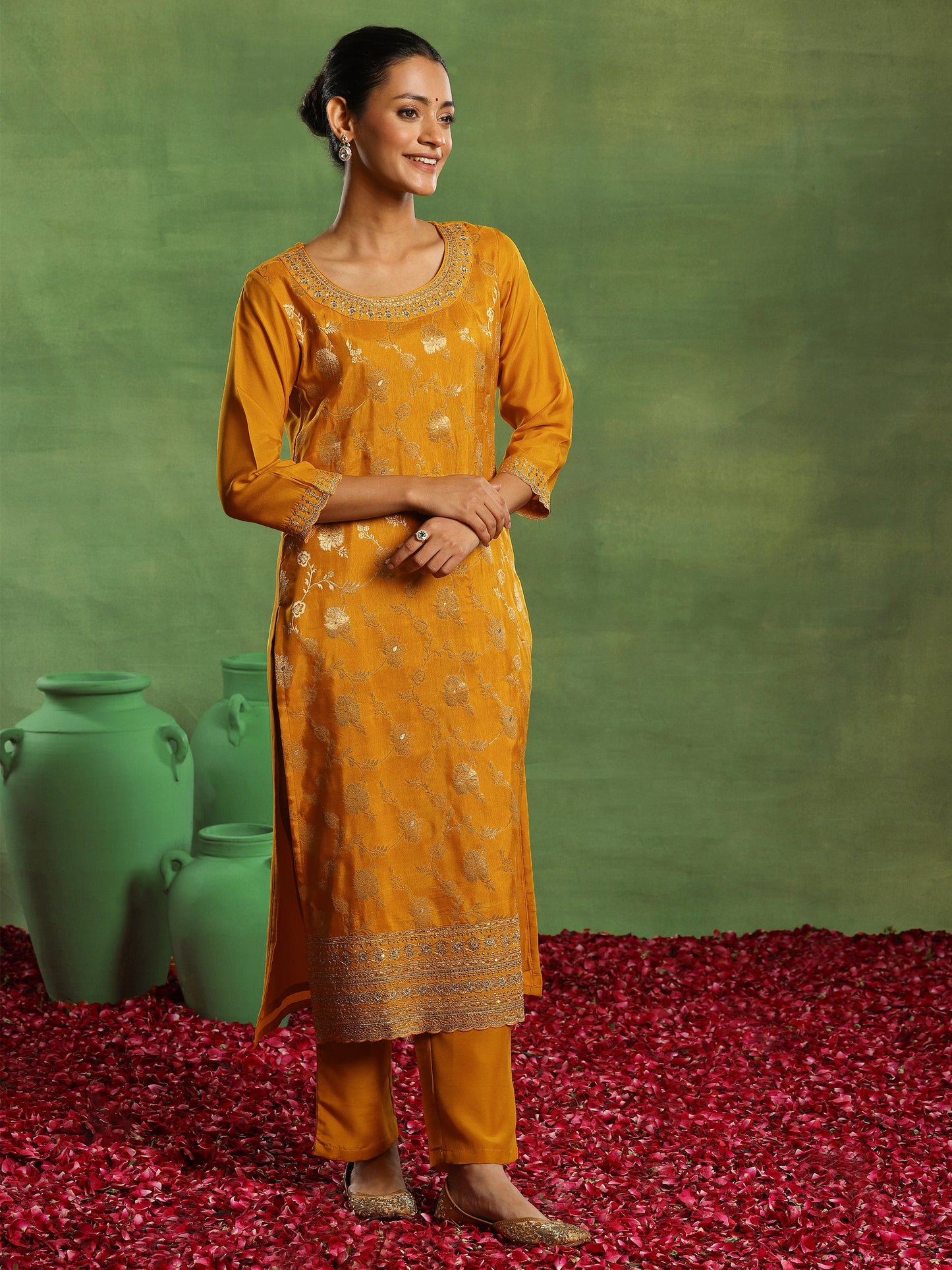 Mustard Woven Design Silk Blend Straight Suit With Dupatta