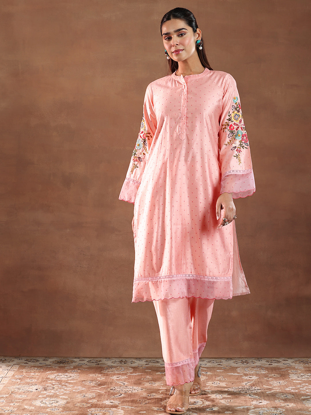 Pink Printed Silk Blend Straight Kurta Set