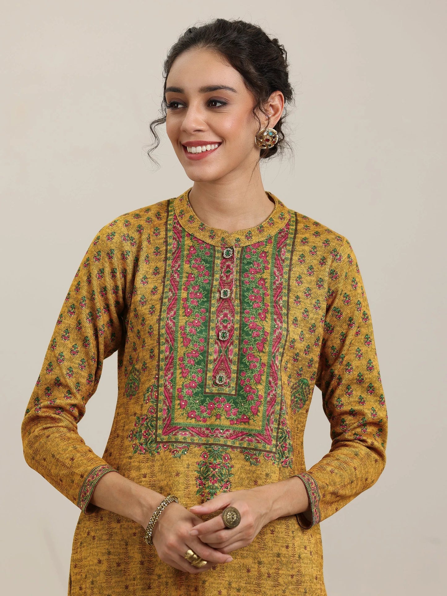 Mustard Printed Wool Blend Straight Suit With Dupatta