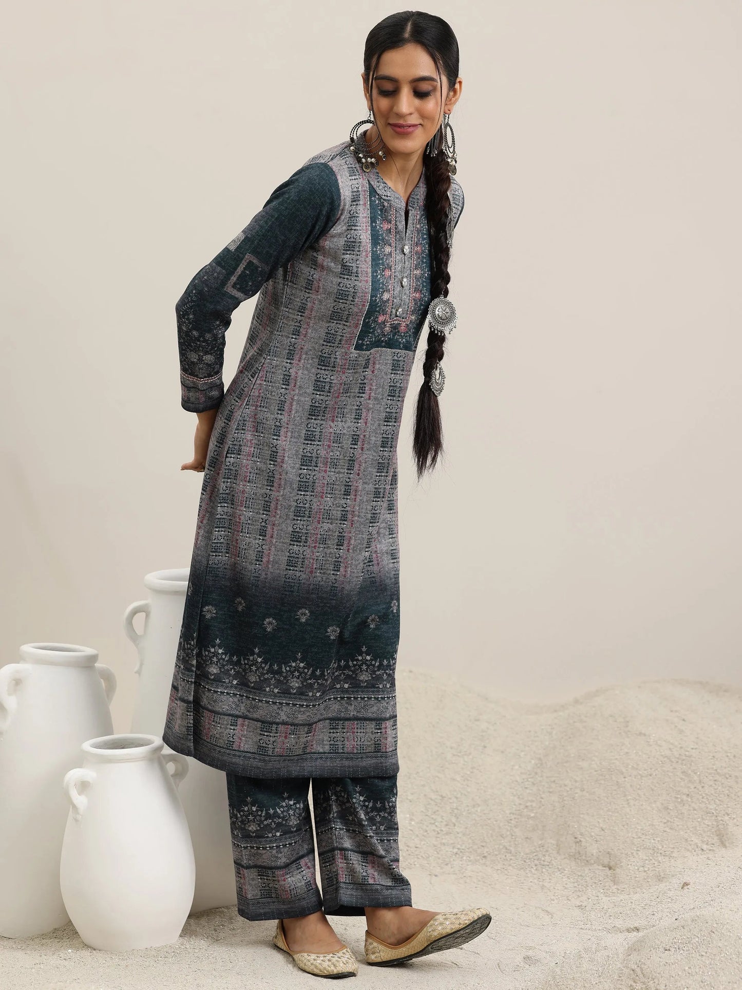 Grey Printed Wool Blend Straight Suit With Dupatta