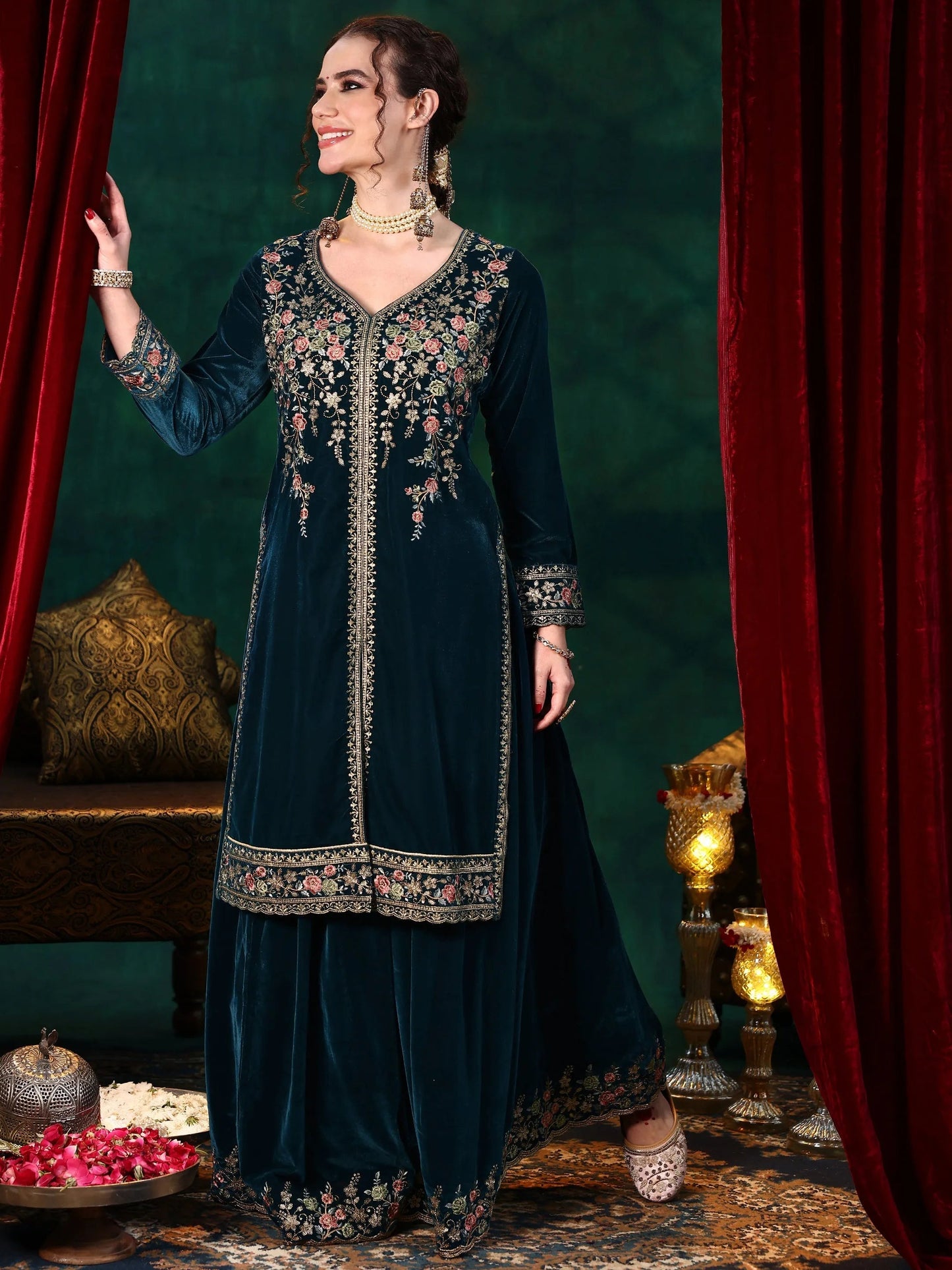 Teal Blue Embroidered Velvet Straight Suit With Dupatta