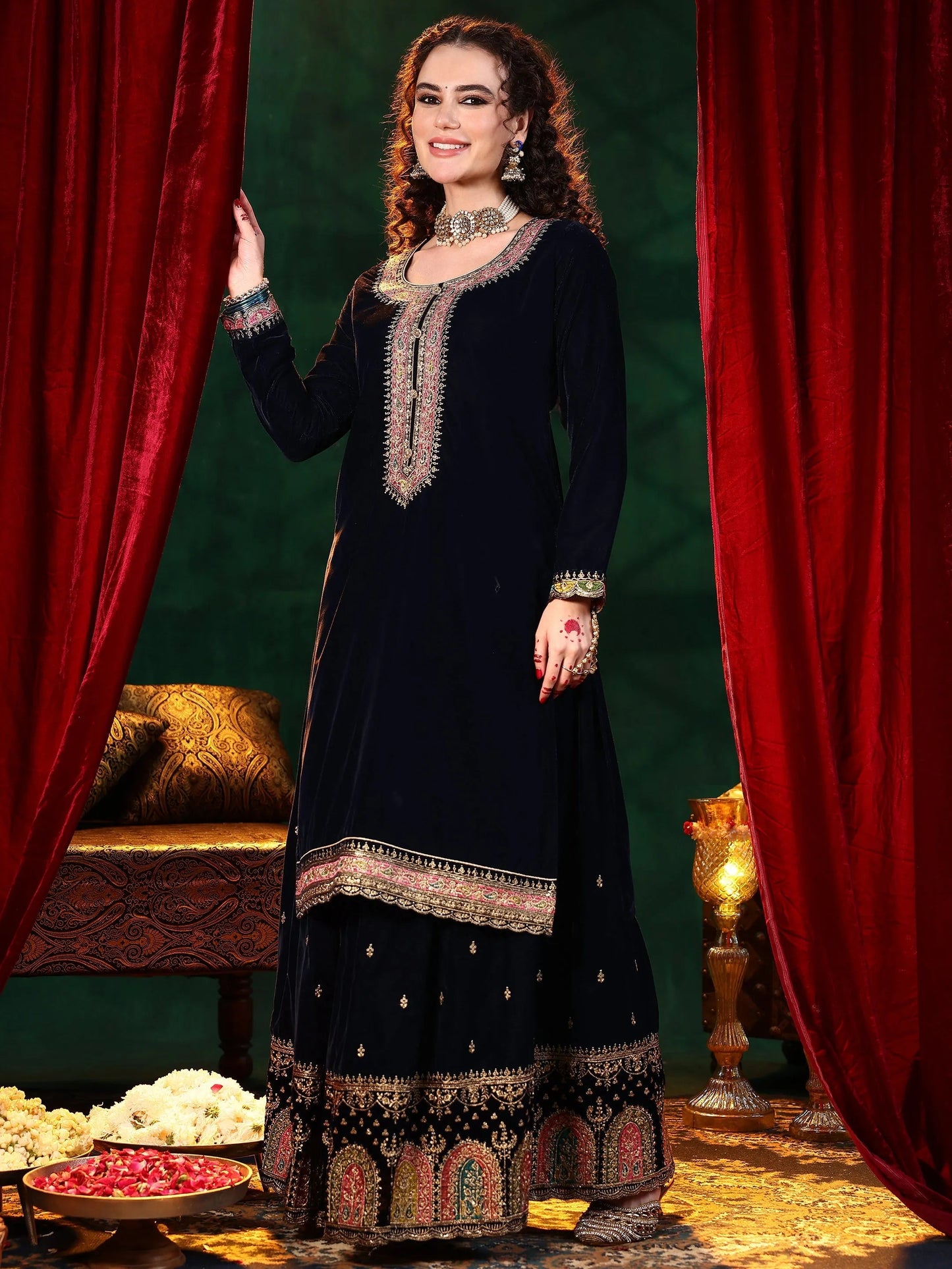 Blue Embroidered Velvet Straight Suit With Dupatta