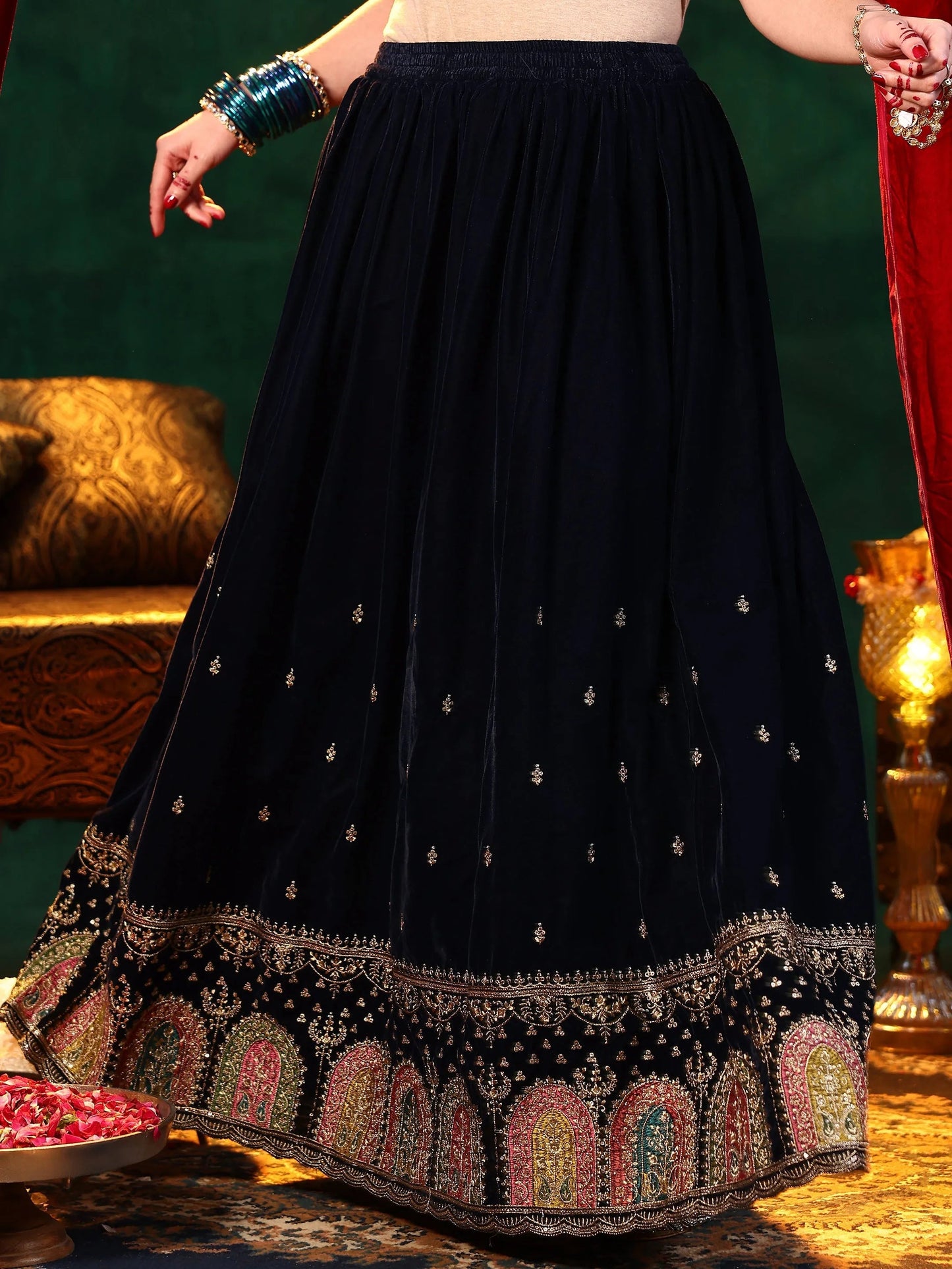 Blue Embroidered Velvet Straight Suit With Dupatta