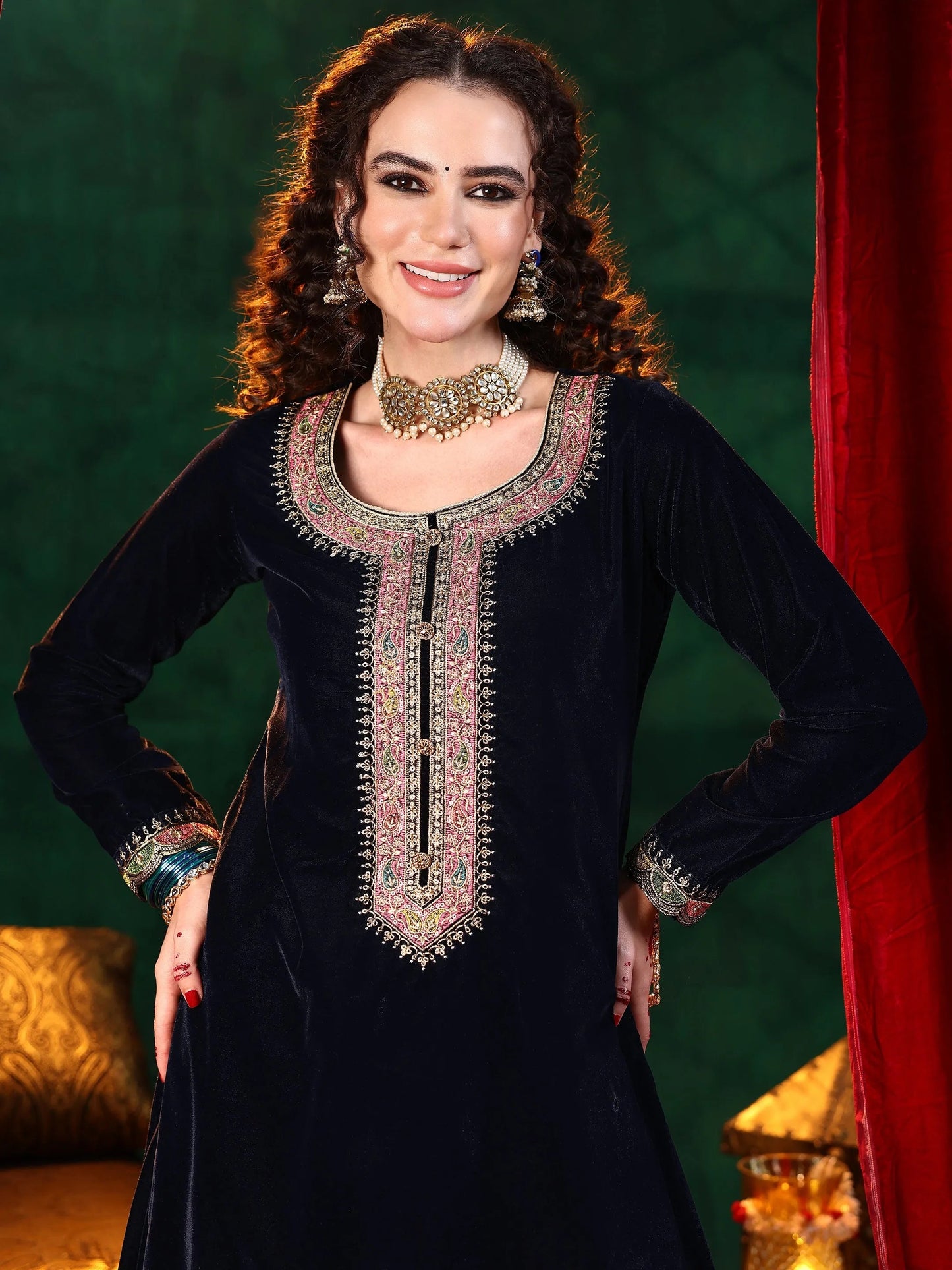 Blue Embroidered Velvet Straight Suit With Dupatta