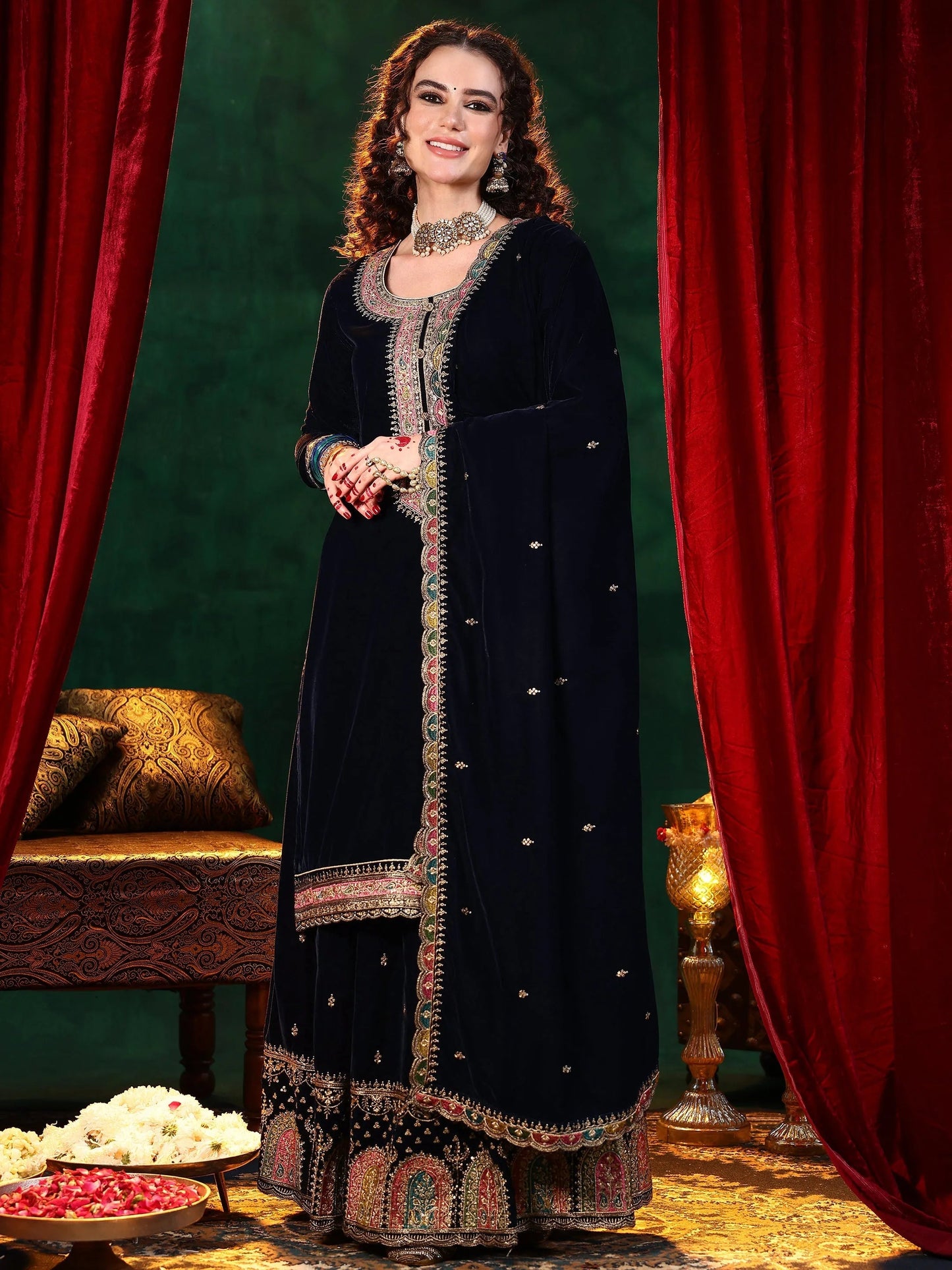 Blue Embroidered Velvet Straight Suit With Dupatta
