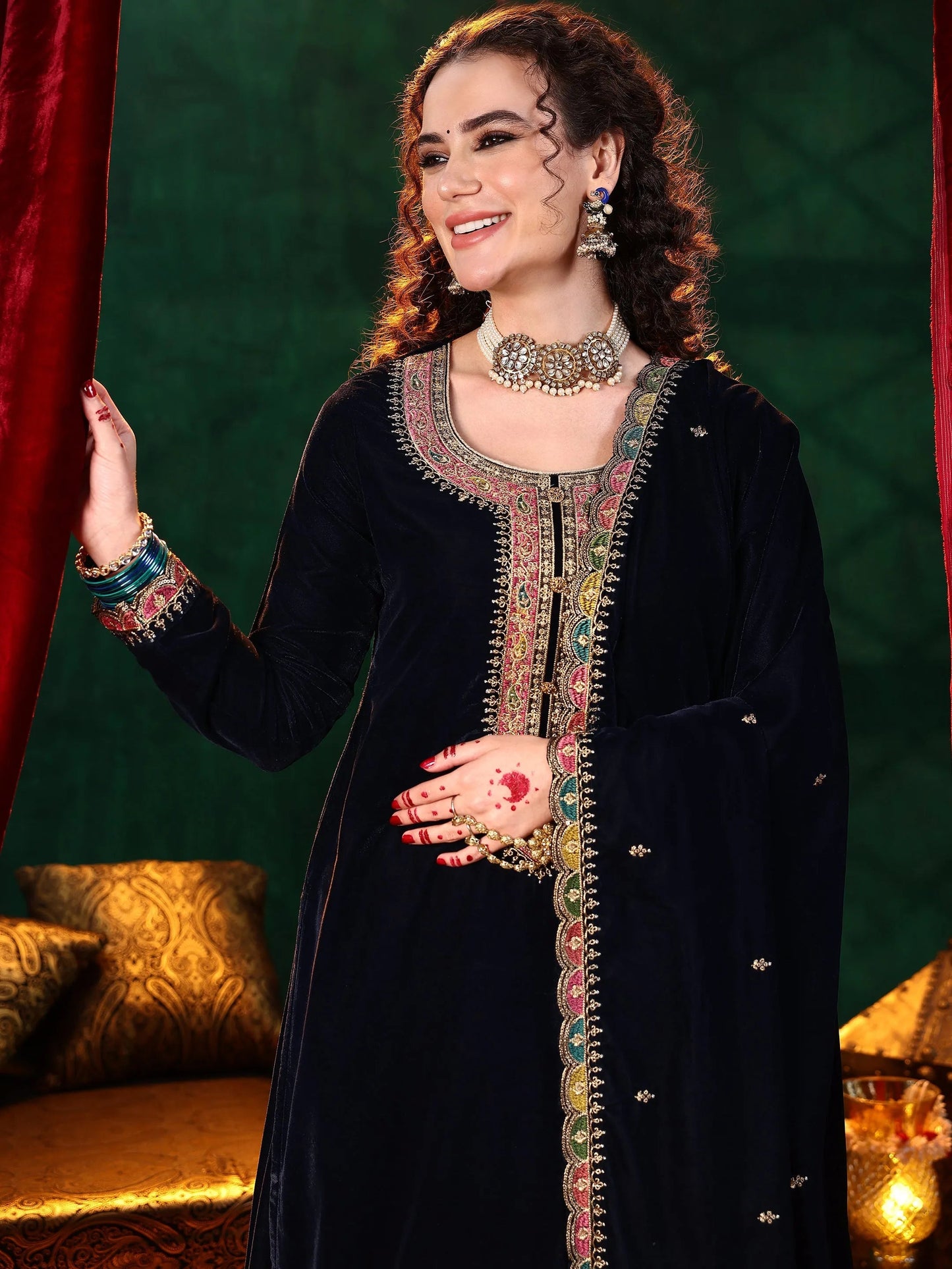 Blue Embroidered Velvet Straight Suit With Dupatta