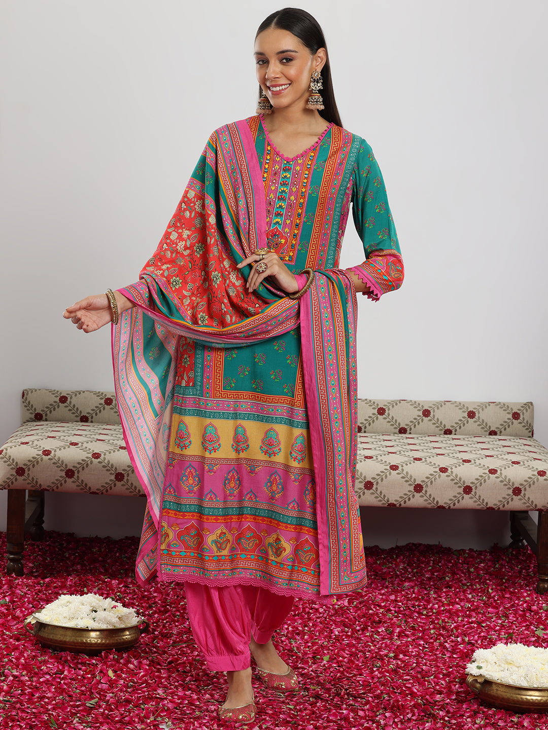 Multi Printed Silk Blend Straight Suit With Dupatta