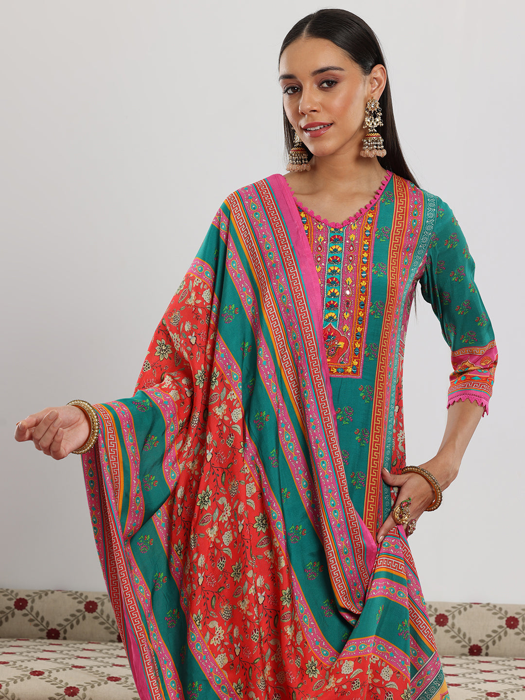 Multi Printed Silk Blend Straight Suit With Dupatta