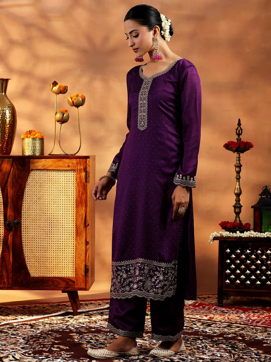 Wine Embroidered Silk Blend Straight Suit With Dupatta