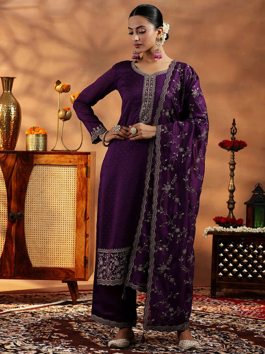 Wine Embroidered Silk Blend Straight Suit With Dupatta