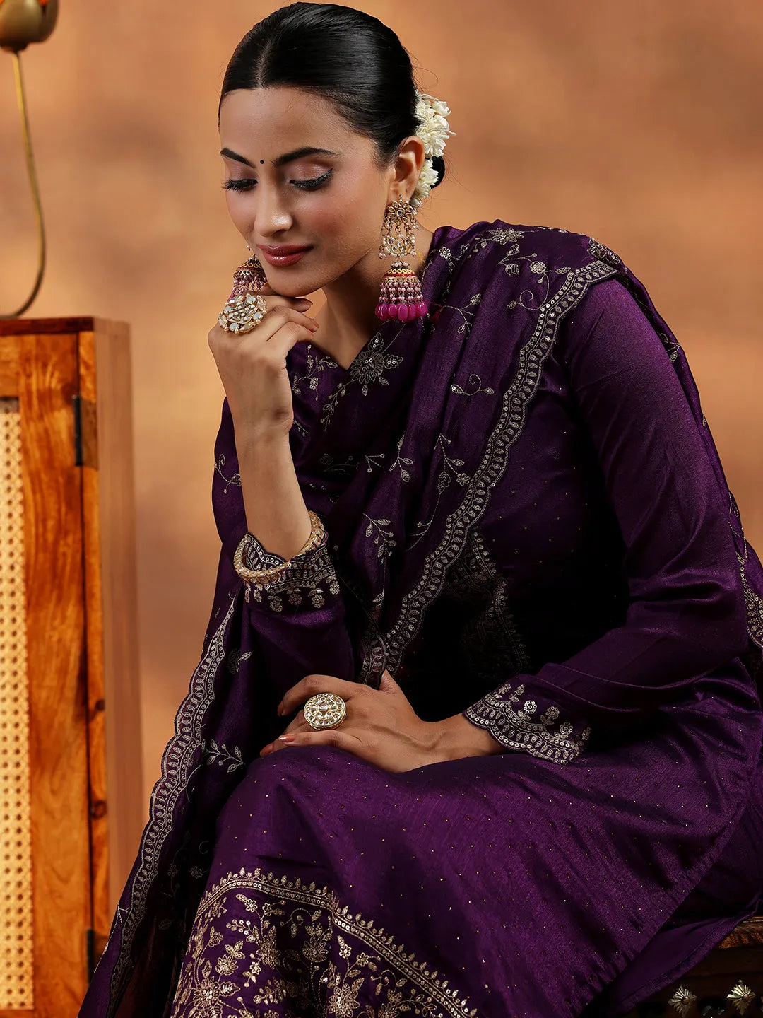 Wine Embroidered Silk Blend Straight Suit With Dupatta