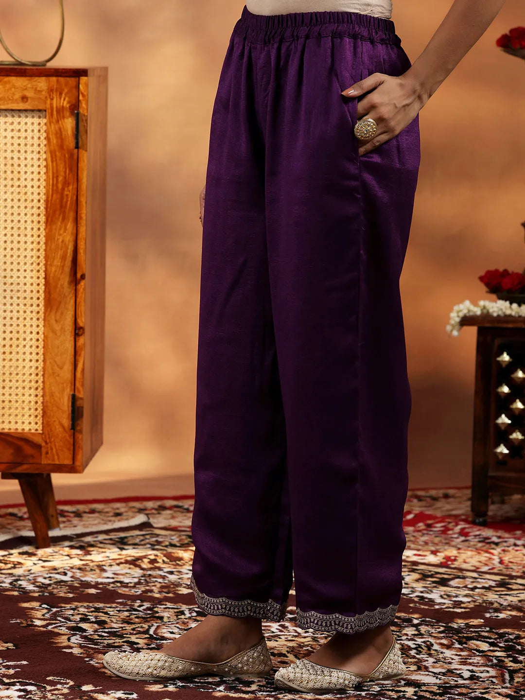 Wine Embroidered Silk Blend Straight Suit With Dupatta