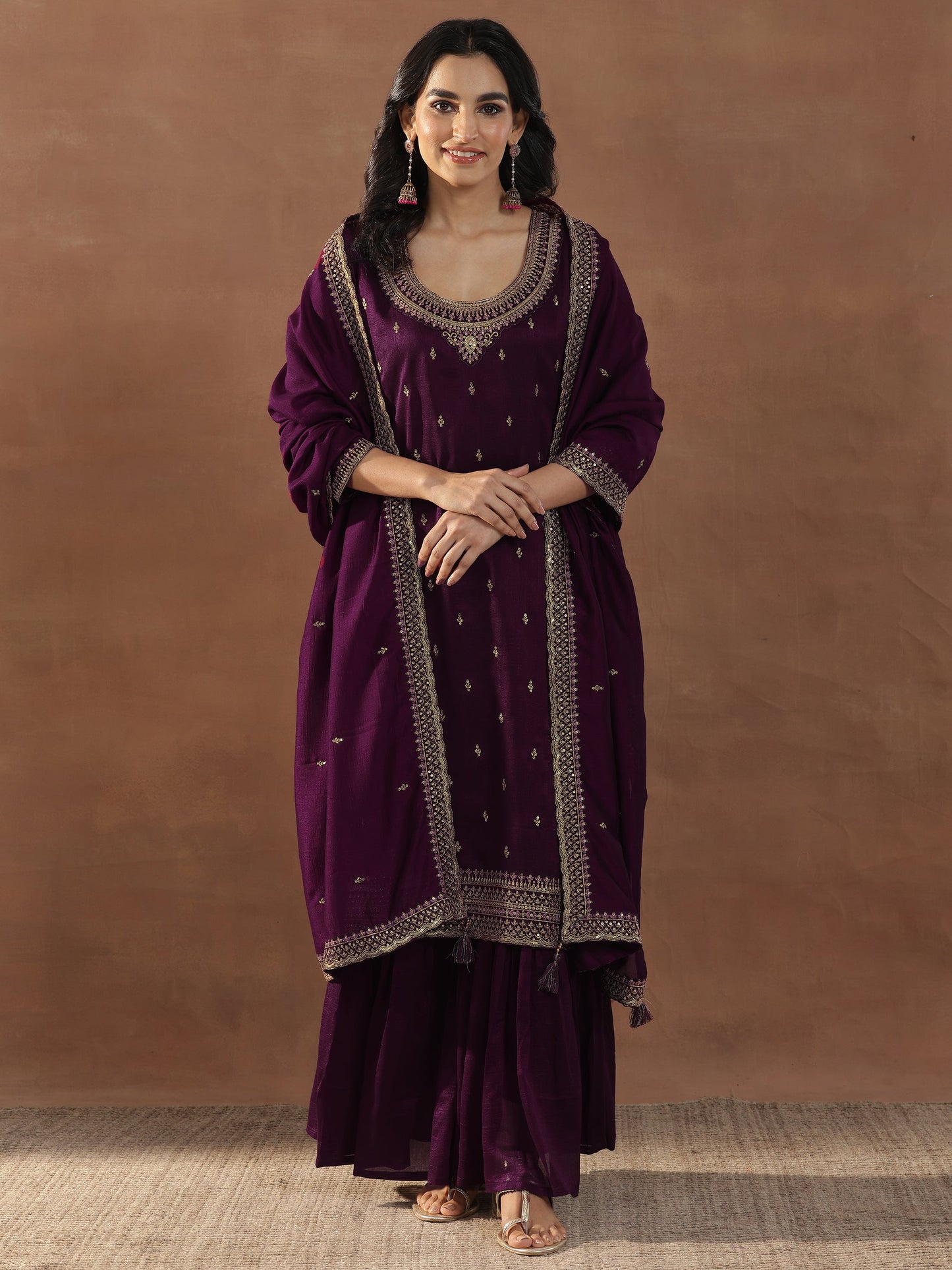 Burgundy Embroidered Silk Blend Straight Suits With Dupatta