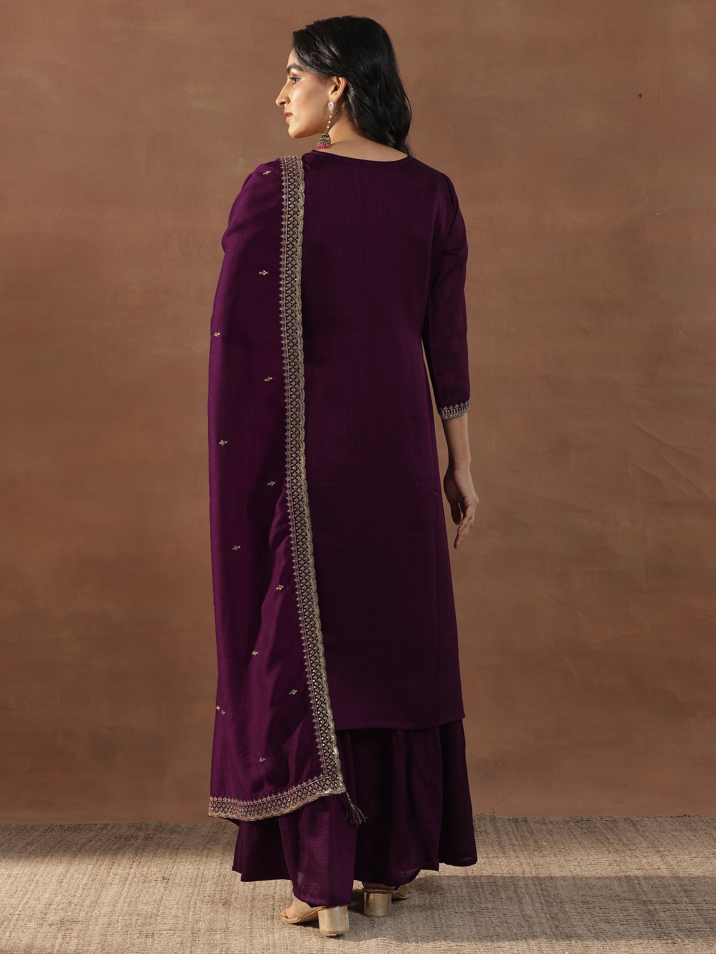 Burgundy Embroidered Silk Blend Straight Suits With Dupatta