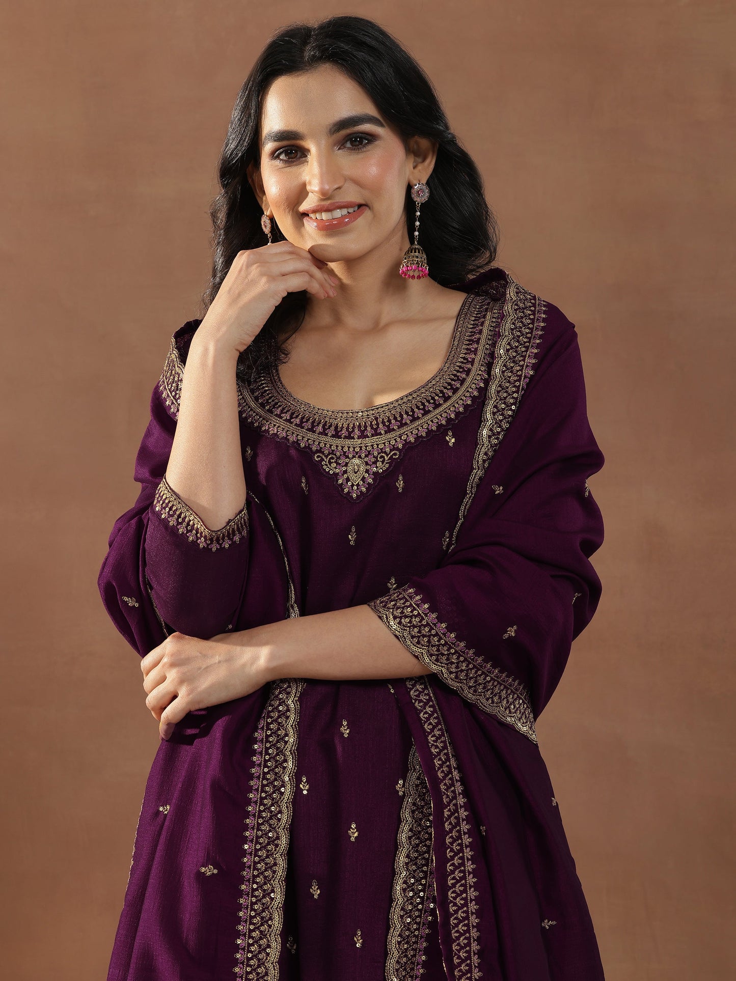 Burgundy Embroidered Silk Blend Straight Suits With Dupatta