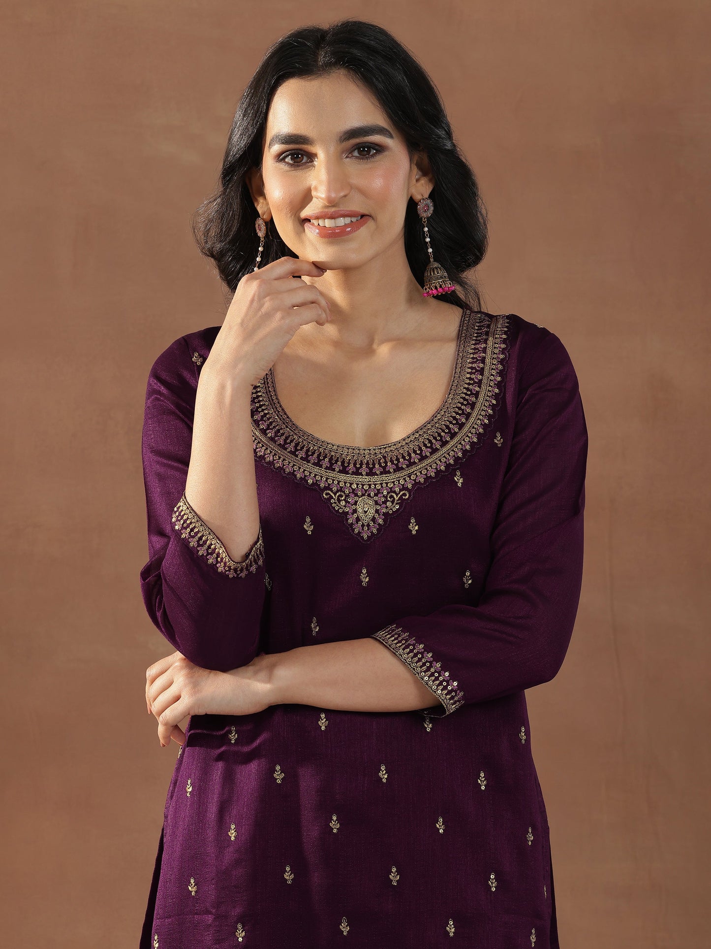 Burgundy Embroidered Silk Blend Straight Suits With Dupatta