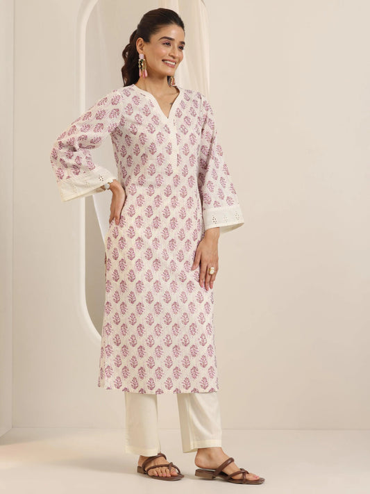 Off White Printed Cotton Straight Suit Set With Dupatta