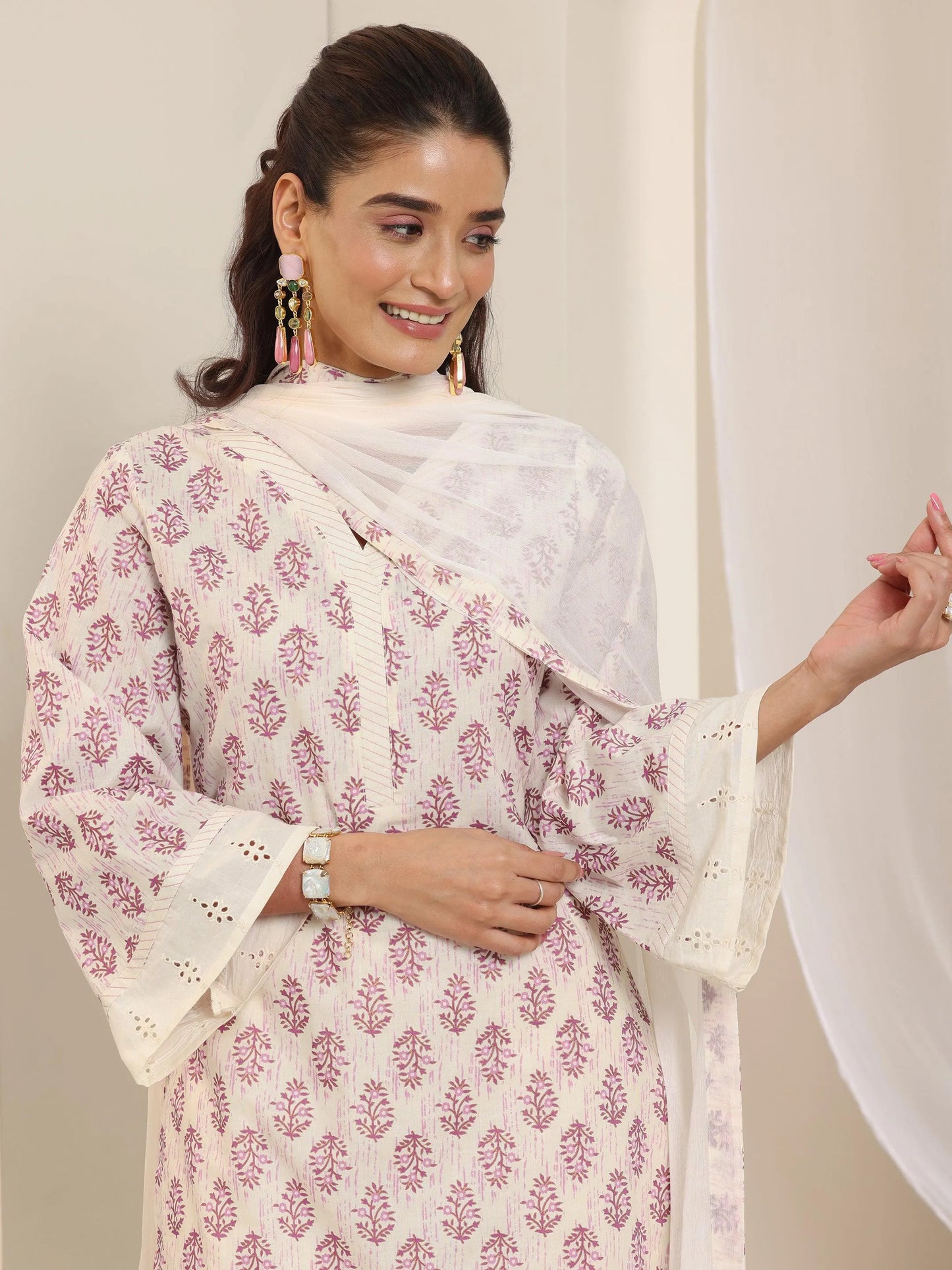 Off White Printed Cotton Straight Suit Set With Dupatta