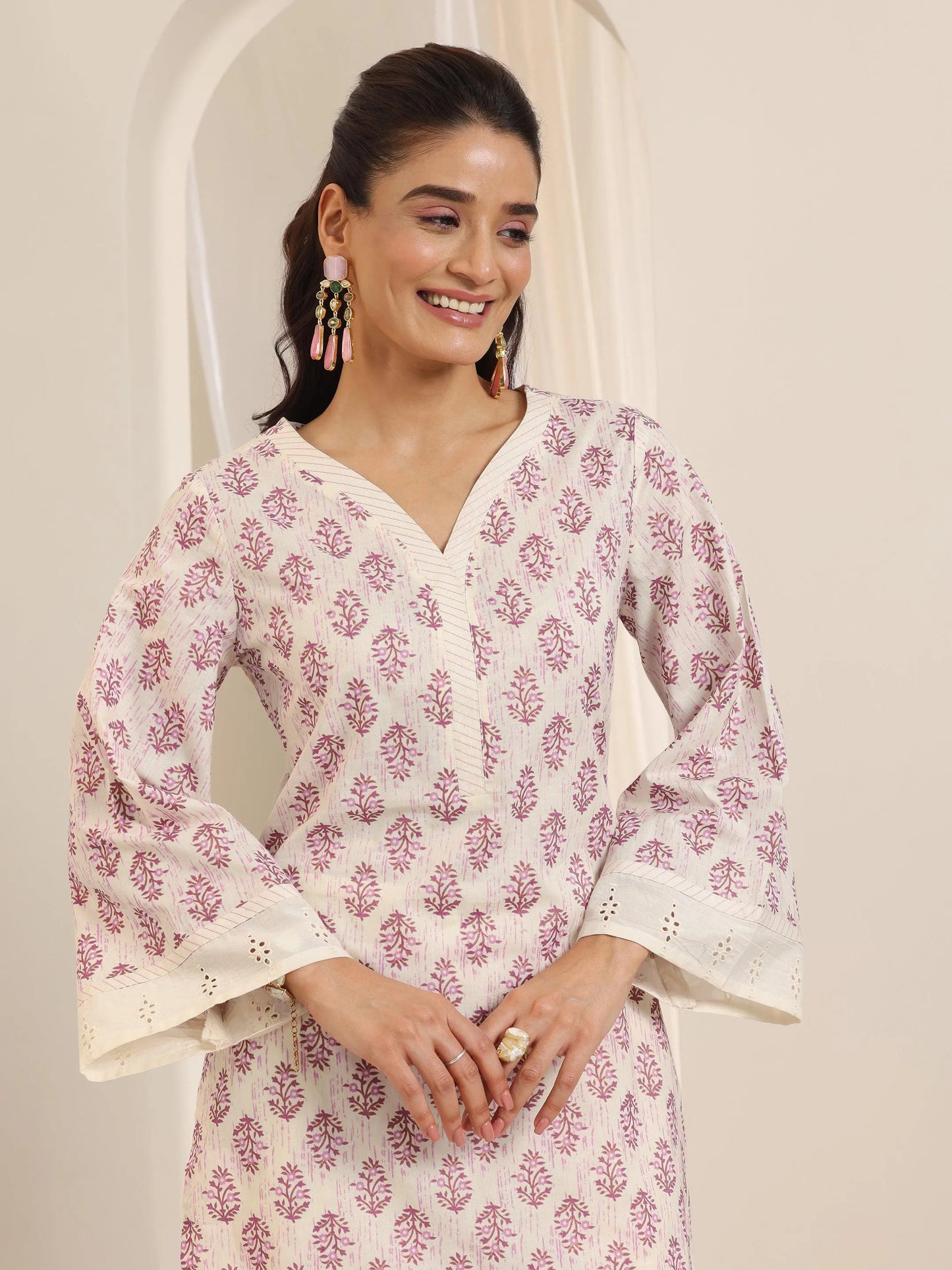 Off White Printed Cotton Straight Suit Set With Dupatta