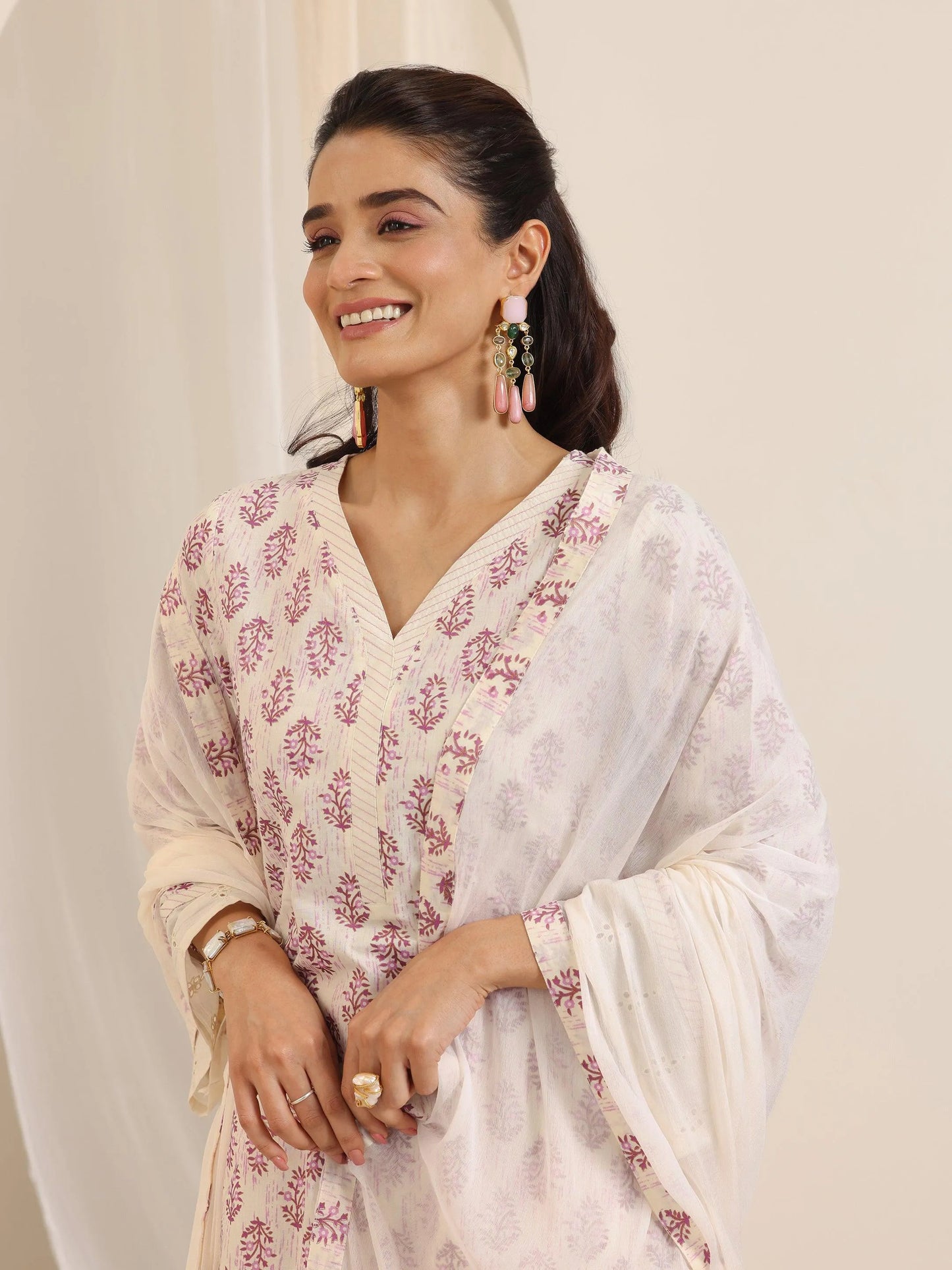 Off White Printed Cotton Straight Suit Set With Dupatta