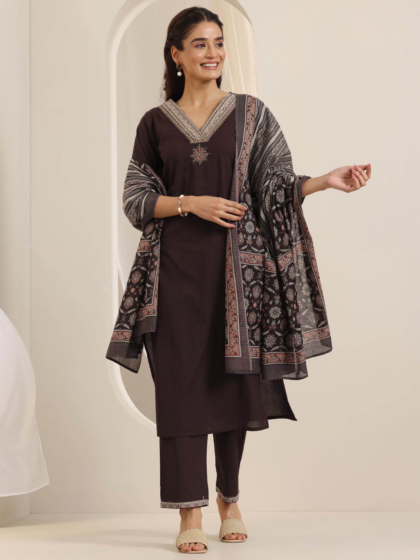 Brown Yoke Design Cotton Straight Suit Set With Dupatta