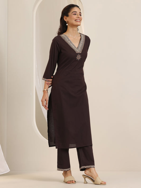 Brown Yoke Design Cotton Straight Suit Set With Dupatta