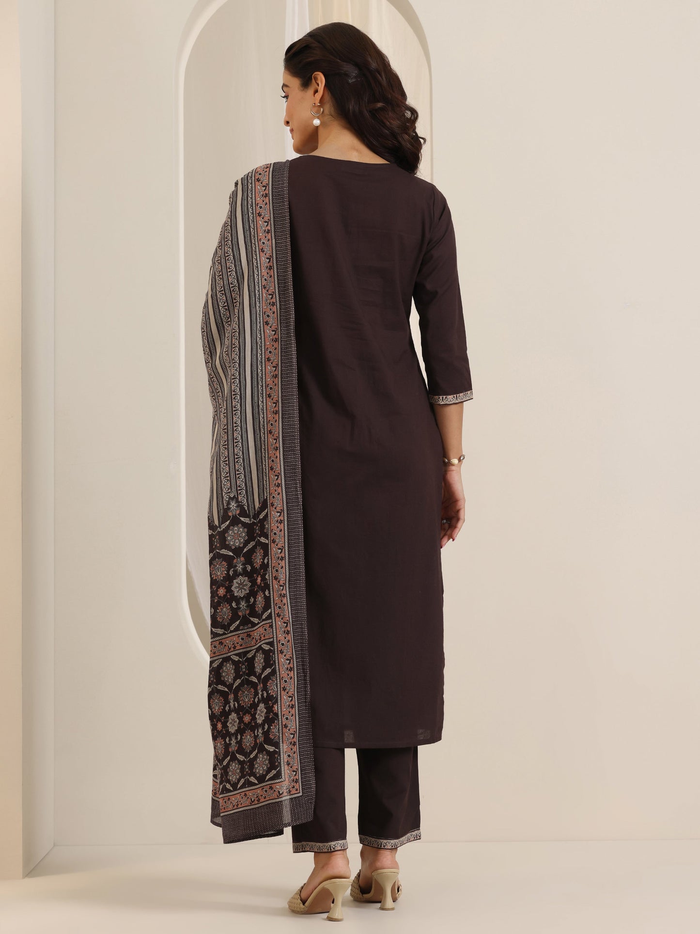 Brown Yoke Design Cotton Straight Suit Set With Dupatta