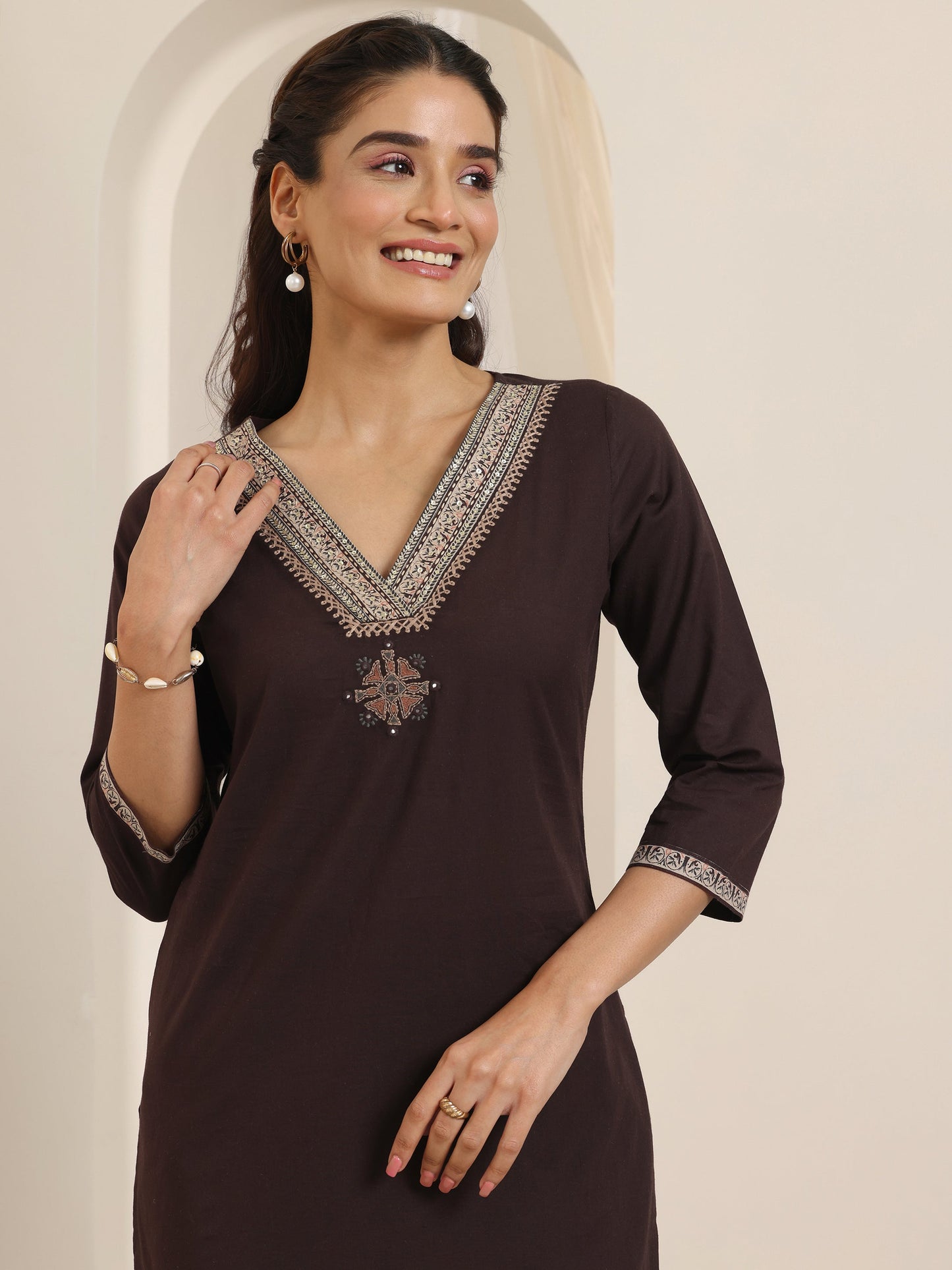 Brown Yoke Design Cotton Straight Suit Set With Dupatta