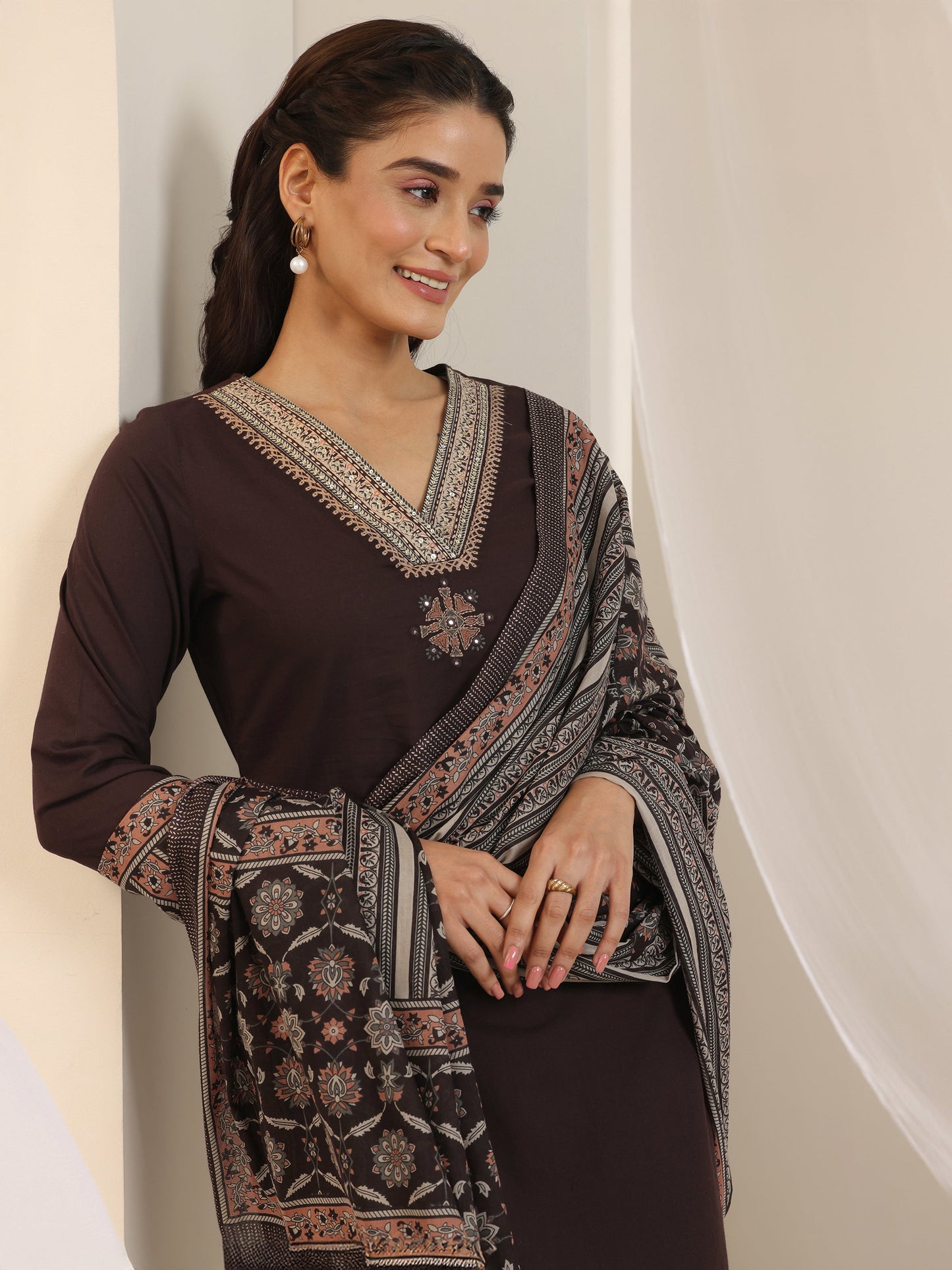 Brown Yoke Design Cotton Straight Suit Set With Dupatta