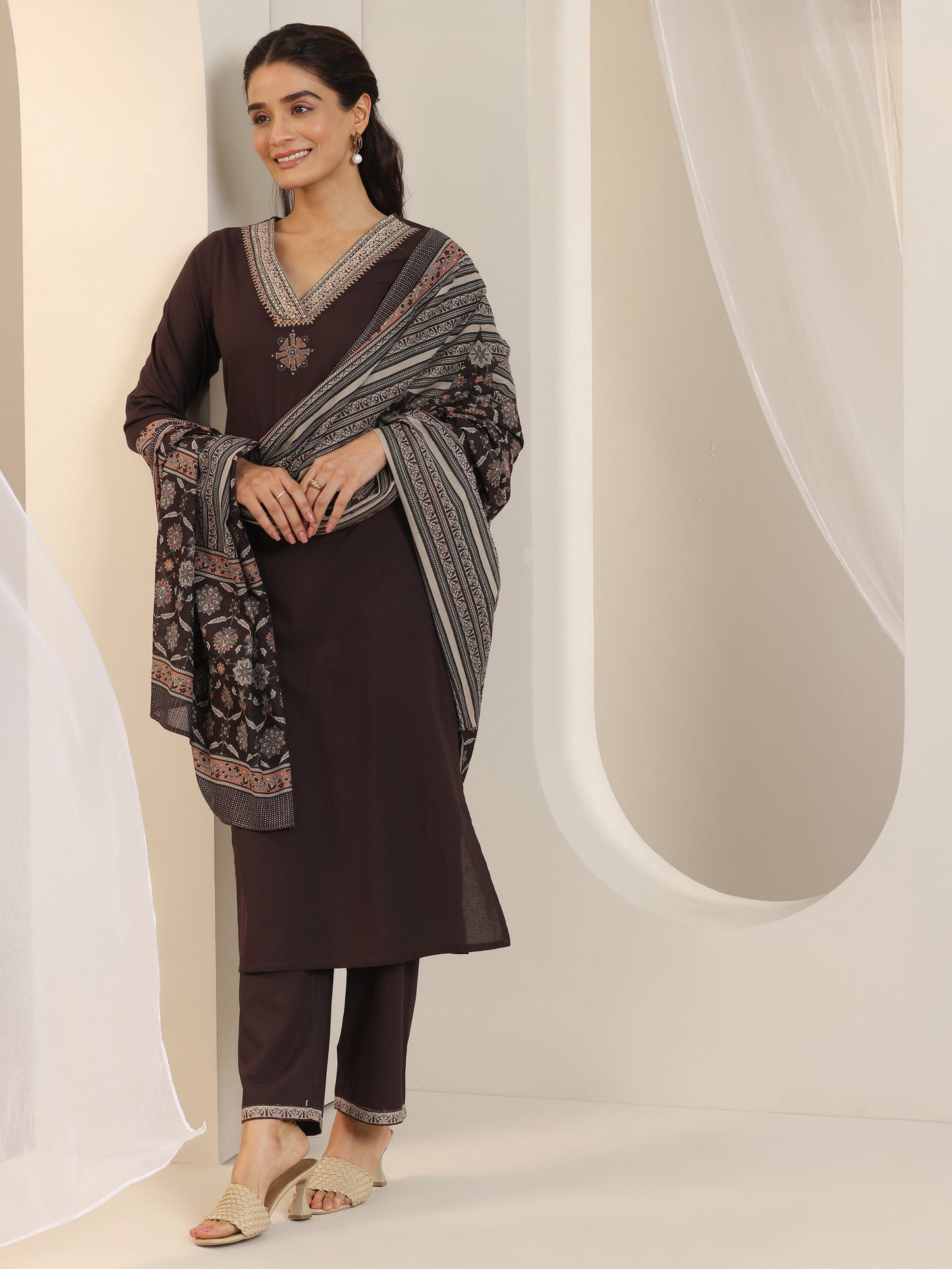 Brown Yoke Design Cotton Straight Suit Set With Dupatta