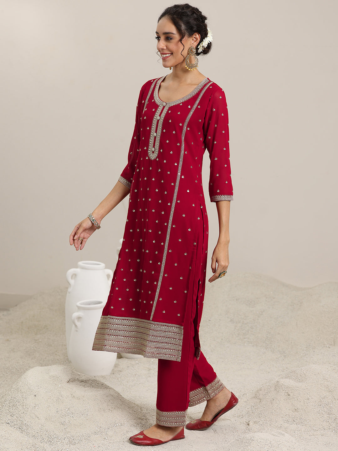 Red Embroidered Georgette Straight Suit With Dupatta