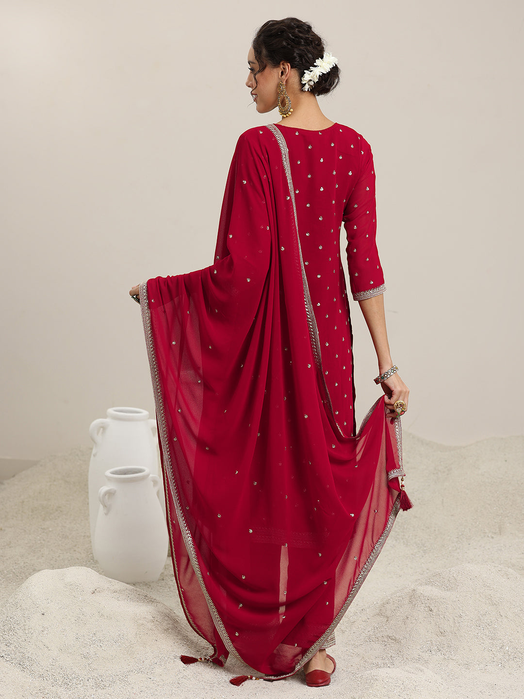 Red Embroidered Georgette Straight Suit With Dupatta