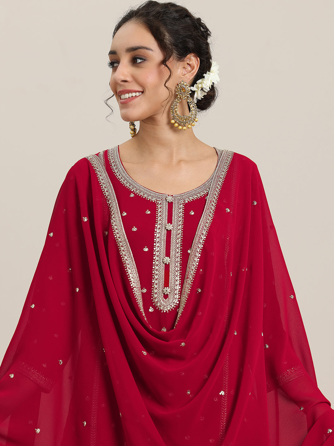 Red Embroidered Georgette Straight Suit With Dupatta