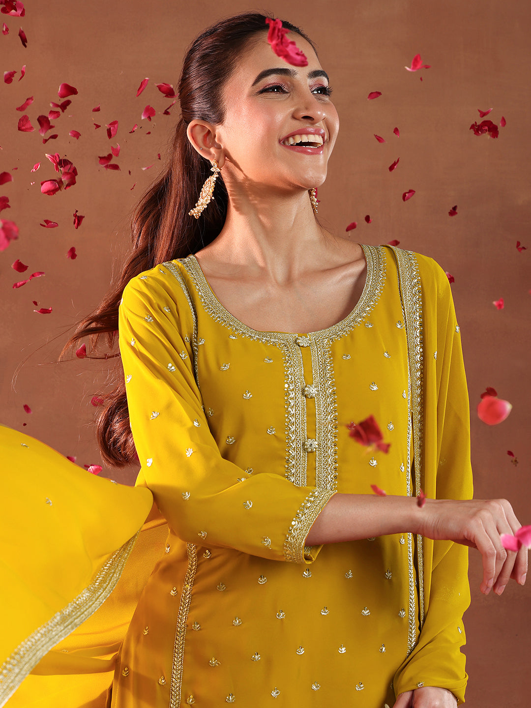 Mustard Embroidered Georgette Straight Suit With Dupatta