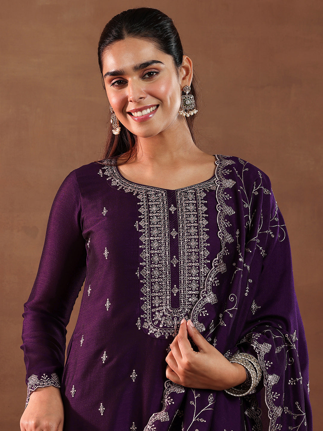 Wine Embroidered Silk Blend Straight Suit With Dupatta