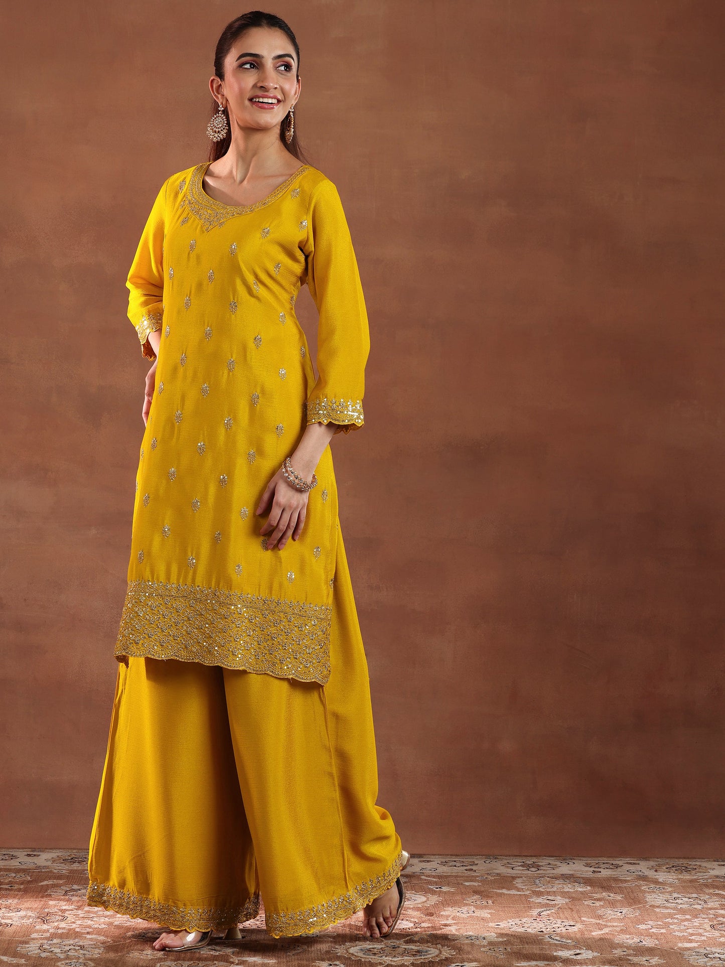 Mustard Embroidered Silk Blend Straight Suit With Dupatta