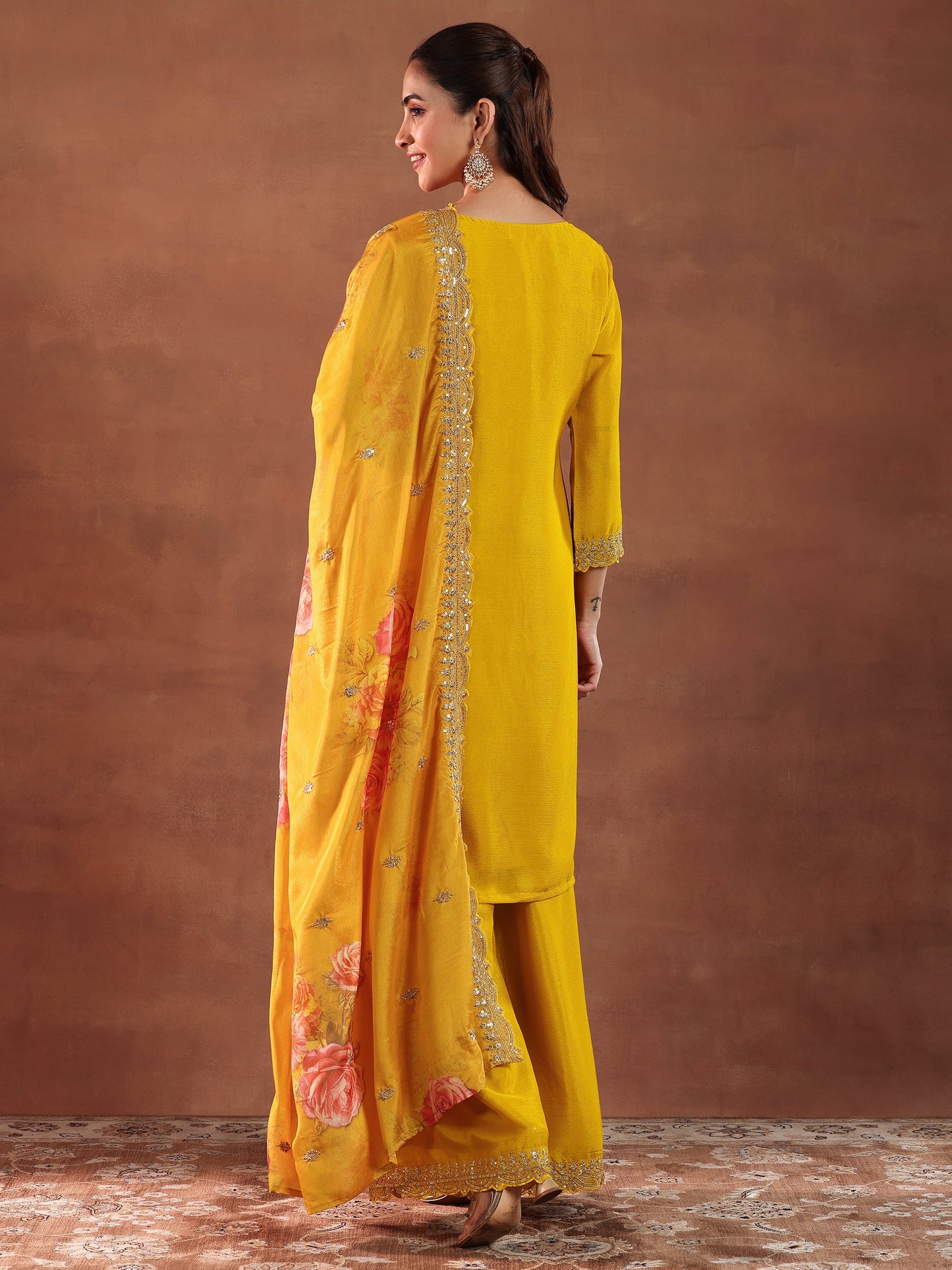 Mustard Embroidered Silk Blend Straight Suit With Dupatta
