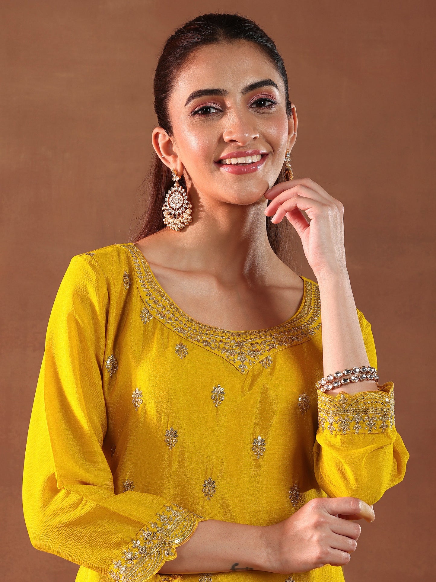 Mustard Embroidered Silk Blend Straight Suit With Dupatta
