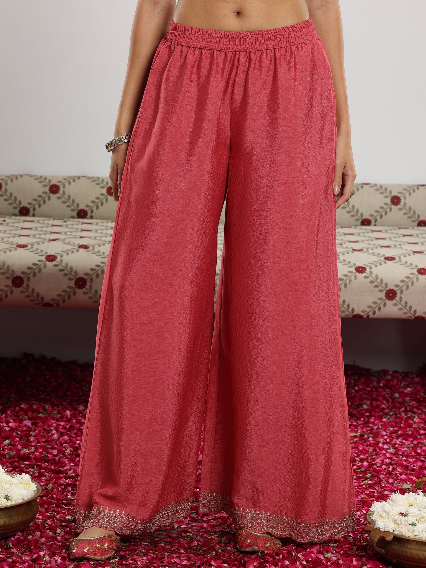 Pink Embroidered Silk Blend Straight Suit With Dupatta