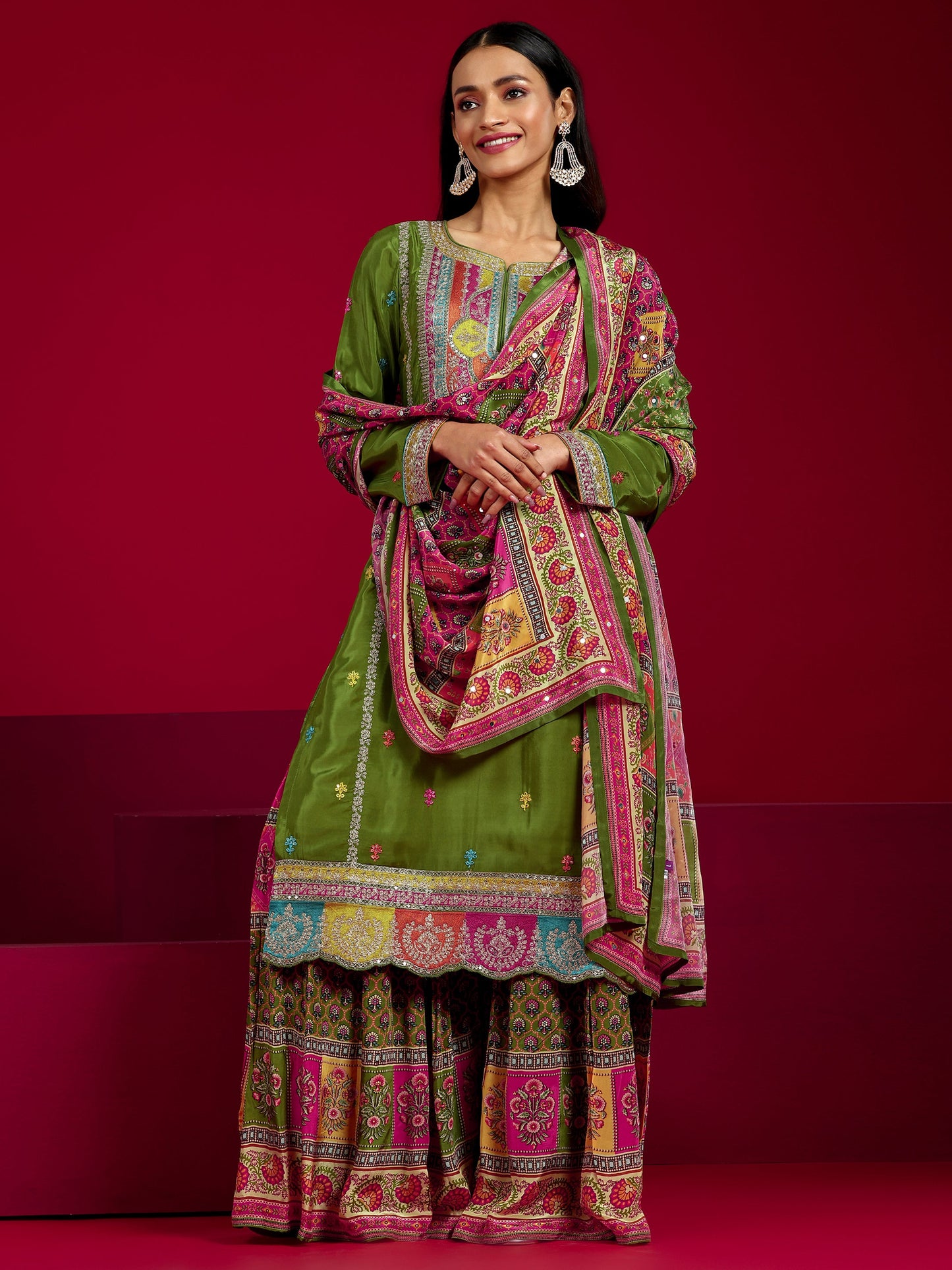 Libas Art Green Embroidered Silk Blend Straight Suit With Dupatta
